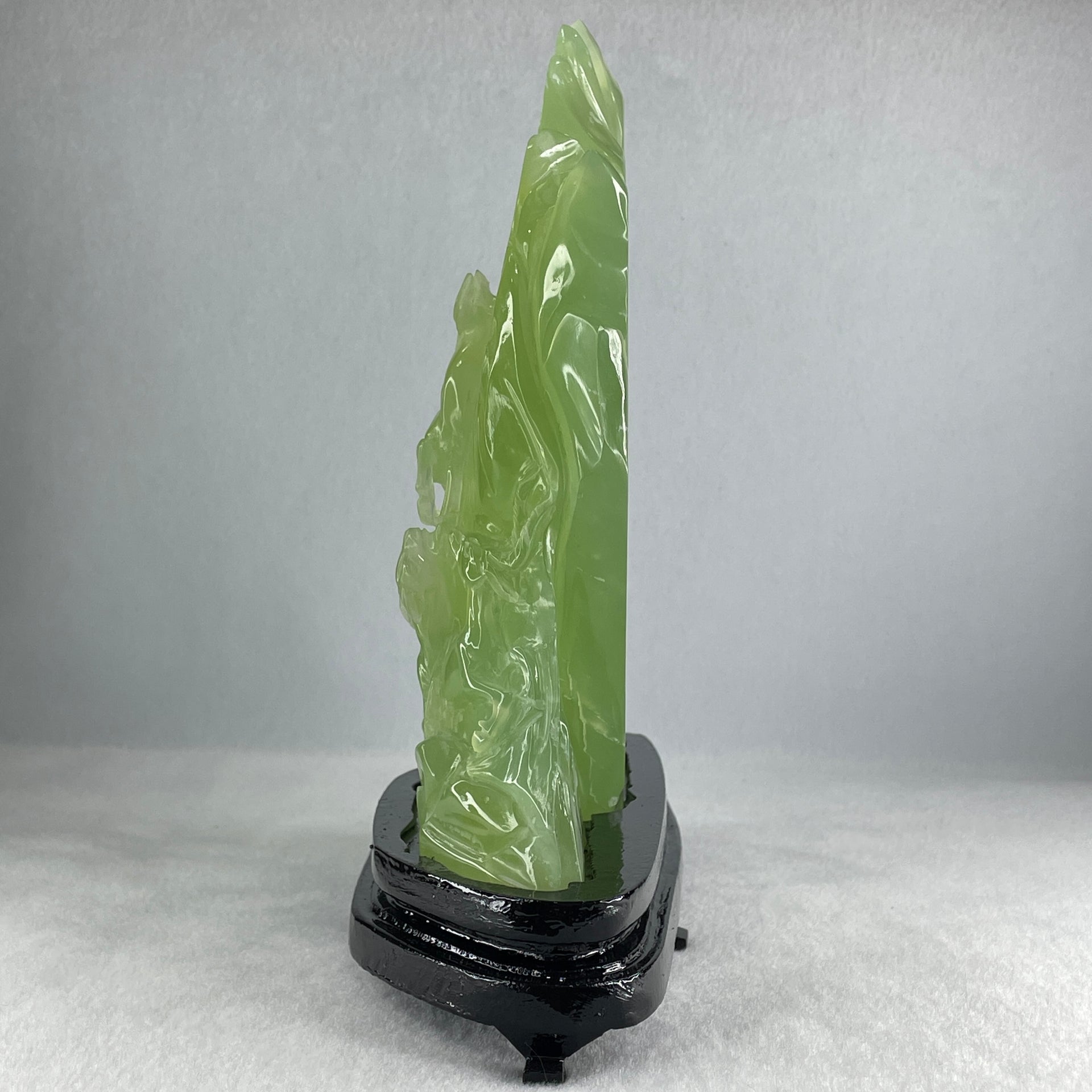 Natural Semi Icy Green Serpentine 5 Deers on Shanshui with Wooden Stand Display 1,293.6g 205.0 by 72.0 by 215.0mm - Huangs Jadeite and Jewelry Pte Ltd