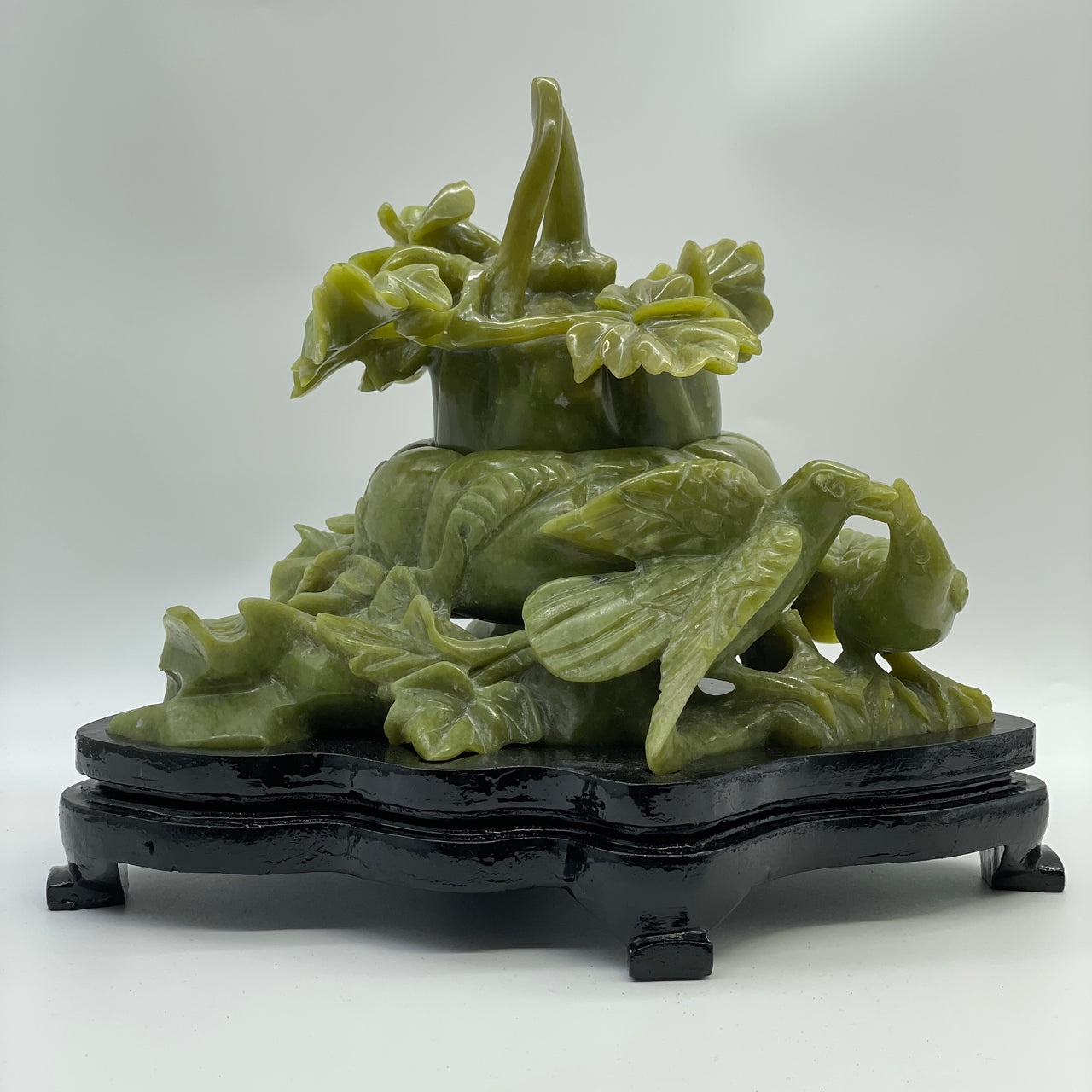 Natural Yellowish Green Serpentine Pumpkin with Twin Birds with Wooden Stand Display 3,622.3g 273.0 by 261.0 by 230.0mm
