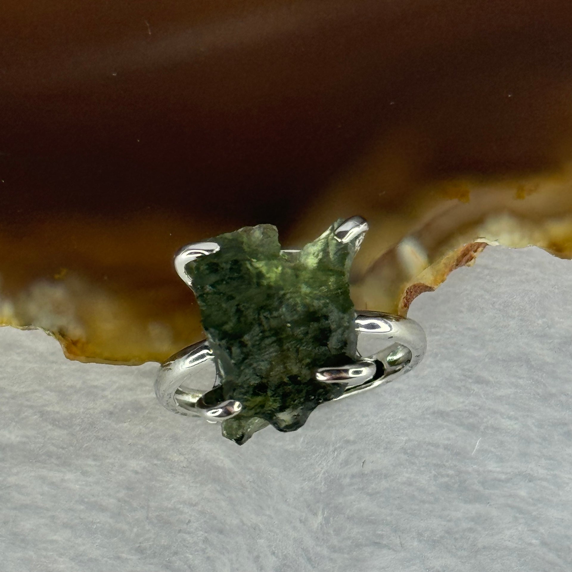 Natural Czech Republic Moldavite Meteorite Crystal in S925 Sliver Ring (Adjustable Size) 天然捷克陨石925银戒指 4.01g 15.1 by 10.4 by 8.2mm - Huangs Jadeite and Jewelry Pte Ltd