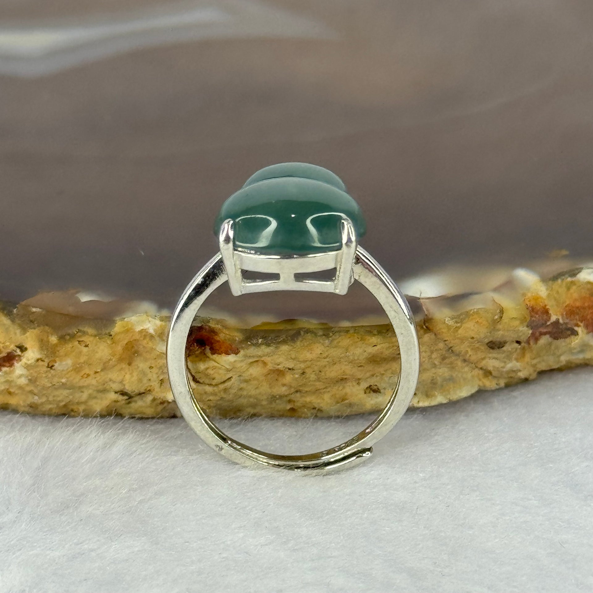 Type A Icy Blueish Green Jadeite Hulu with Crystals in S925 Sliver Ring (Adjustable Size) 3.42g 15.2 by 11.0 by 4.5mm - Huangs Jadeite and Jewelry Pte Ltd