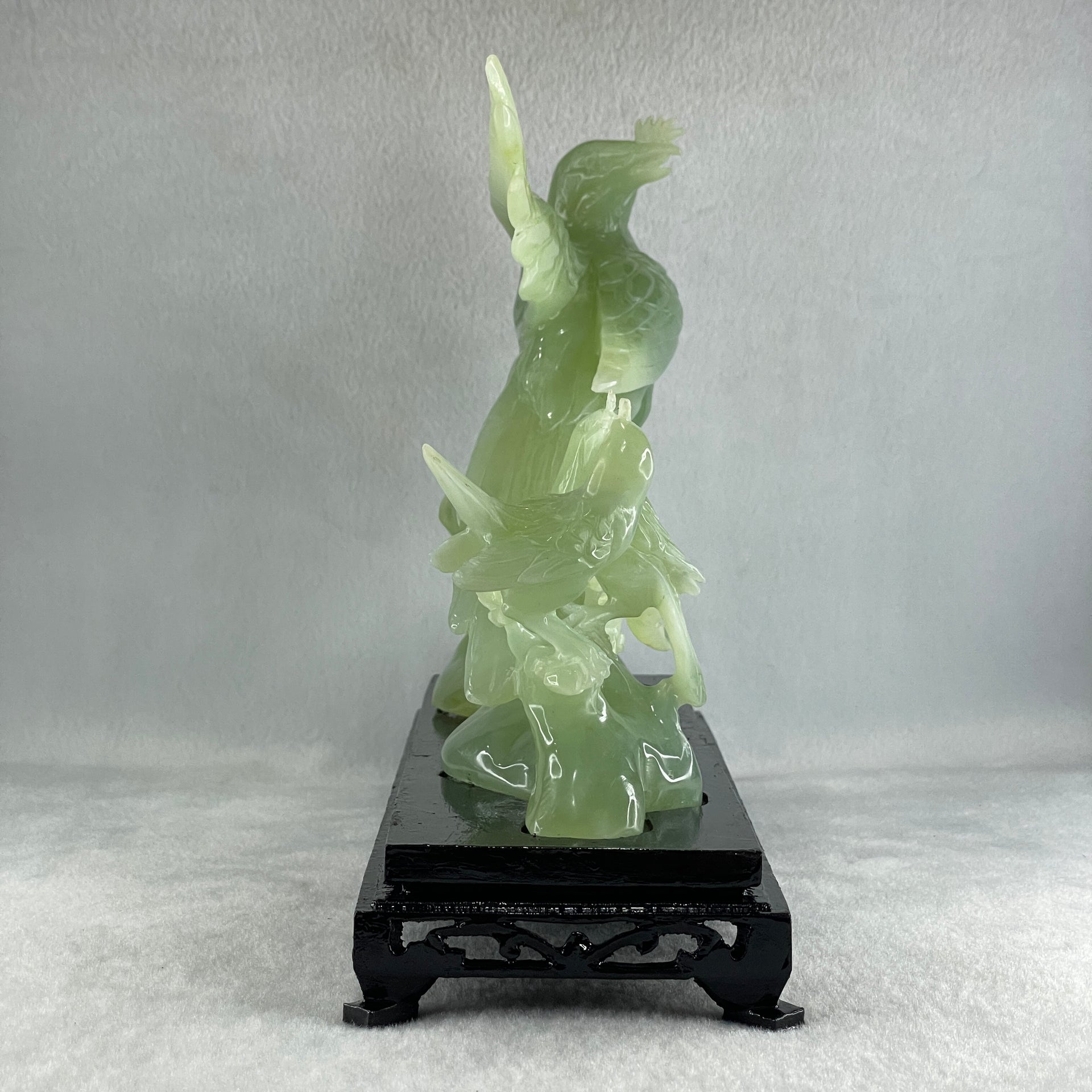 Natural Green Serpentine Phoenix with Twin Birds on Tree with Wooden Stand Display 1,158.3g L257.0 by B98.0 by H203.0mm - Huangs Jadeite and Jewelry Pte Ltd