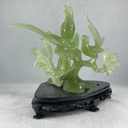 Natural Semi Icy Green Serpentine 3 Phoenix on Tree with Wooden Stand Display 705.1g 242.0 by 140.0 by 195.0mm - Huangs Jadeite and Jewelry Pte Ltd