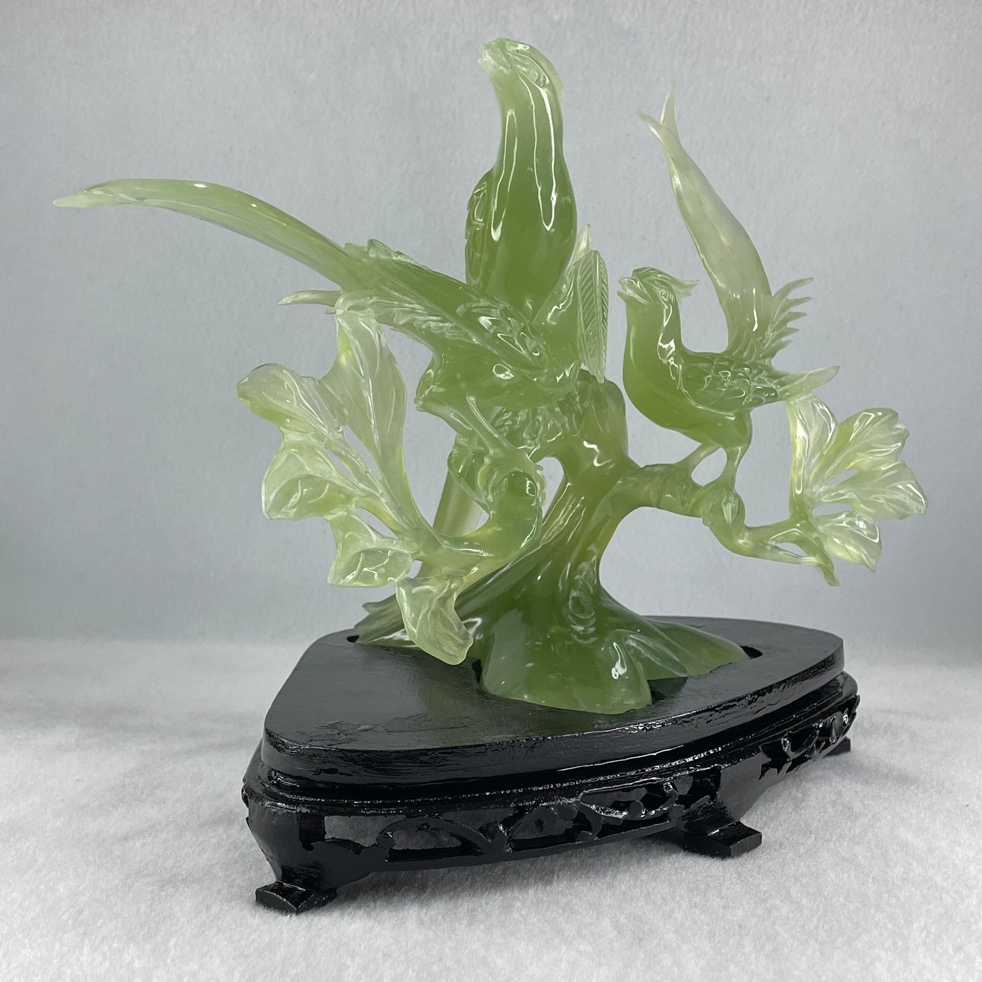 Natural Semi Icy Green Serpentine 3 Phoenix on Tree with Wooden Stand Display 705.1g 242.0 by 140.0 by 195.0mm - Huangs Jadeite and Jewelry Pte Ltd