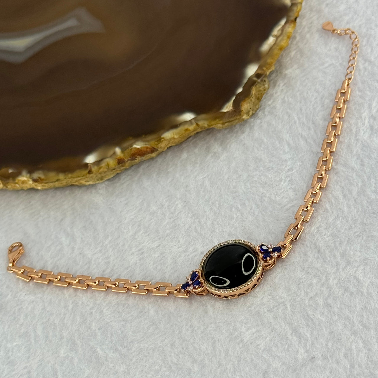 Type A Translucent Black Omphasite Jadeite Round Wu Shi Pai with Crystals in S925 Sliver Rose Gold Color Bracelet 8.58g 15.7 by 3.0mm - Huangs Jadeite and Jewelry Pte Ltd