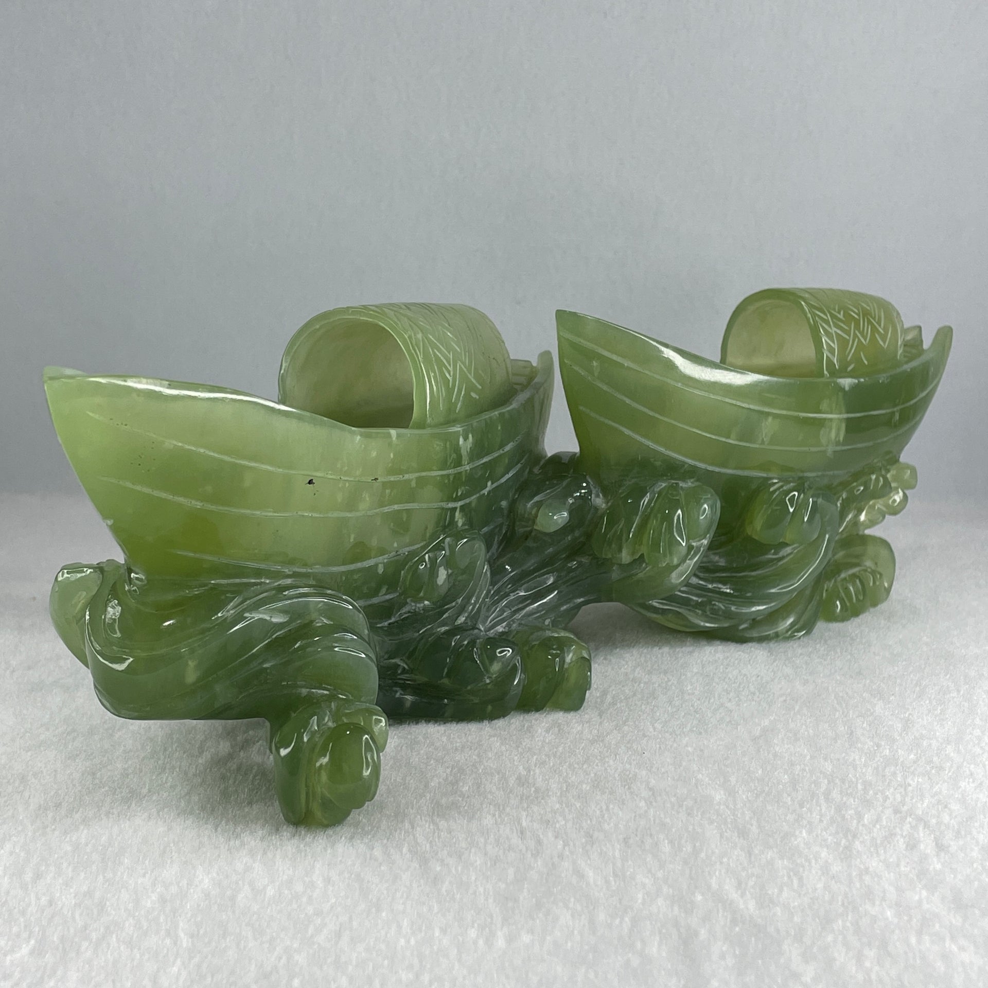 Natural Semi Icy Green Serpentine Double Boats Display 1,692.9g 287.0 by 121.0 by 130.0mm - Huangs Jadeite and Jewelry Pte Ltd