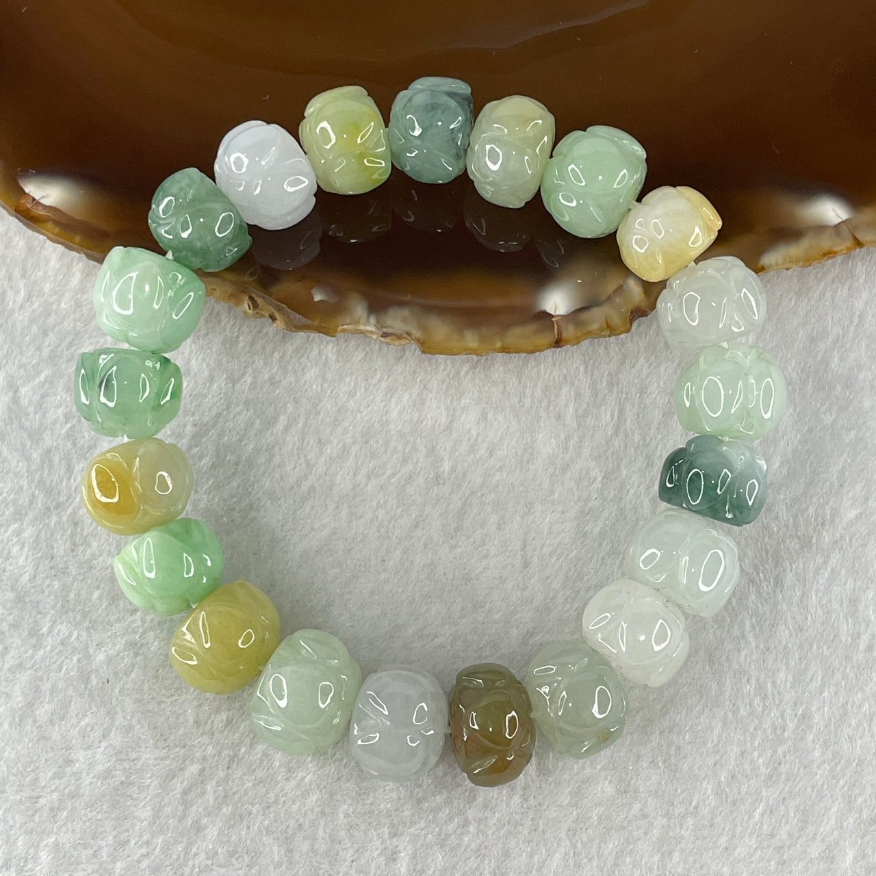 Certified Natural Type A Multi Tone Green with Lavender and Yellow Jadeite Lotus Flower Shape Charms Beads Bracelet 52.13g 16cm 12.4mm 21 Pieces