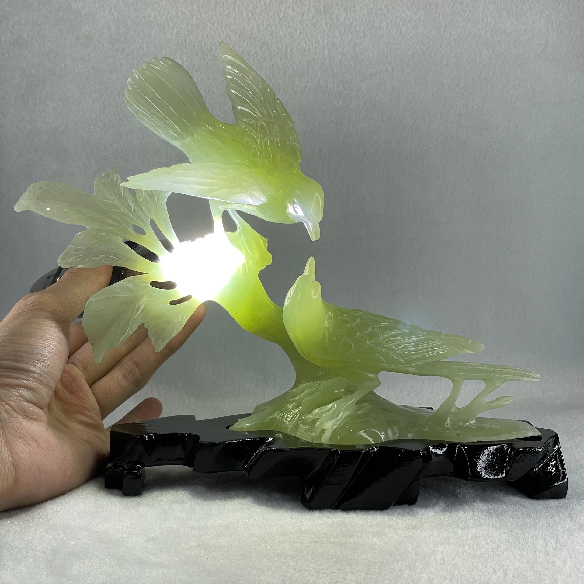 Natural Green Serpentine Twin Magpie Birds on Tree with Wooden Stand Display 453.4g 230.0 by 196.0 by 79.0mm - Huangs Jadeite and Jewelry Pte Ltd