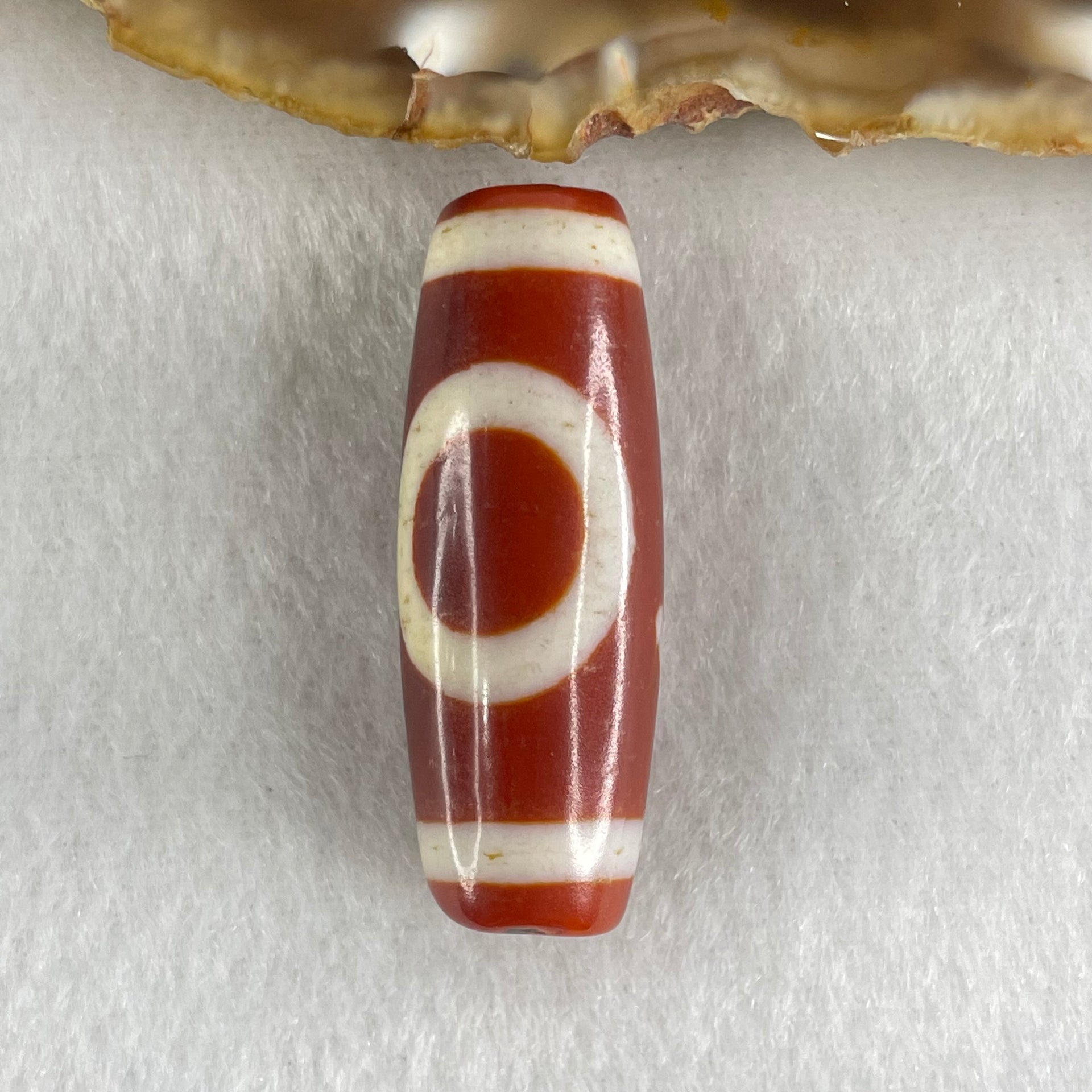 Natural Powerful Tibetan Old Oily Red White Agate One Eye Gold Metal Element Dzi Bead Heavenly Master (Tian Zhu) 一眼金天珠 11.08g 37.6 by 13.6mm - Huangs Jadeite and Jewelry Pte Ltd