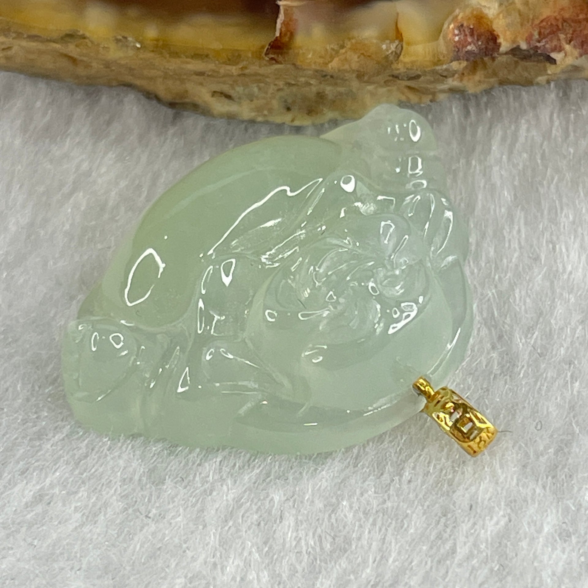 Natural Type A Semi Icy Sky Blue Jadeite Milo Buddha Pendant in 18K Yellow Gold Clasp 4.6g 18.1 by 24.0 by 7.2mm - Huangs Jadeite and Jewelry Pte Ltd