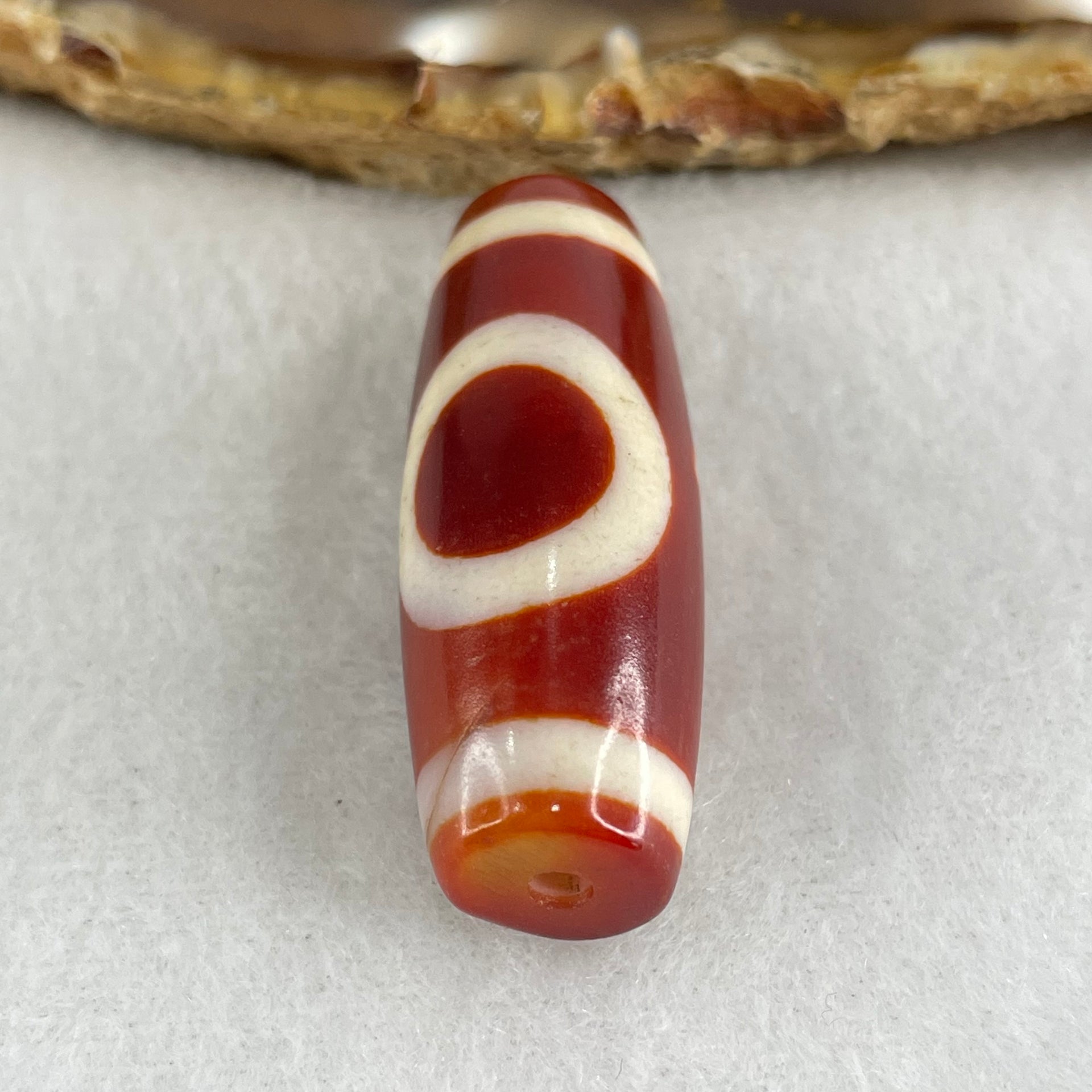 Natural Powerful Tibetan Old Oily Red White Agate One Eye Gold Metal Element Dzi Bead Heavenly Master (Tian Zhu) 一眼金天珠 11.08g 37.3 by 13.5mm - Huangs Jadeite and Jewelry Pte Ltd