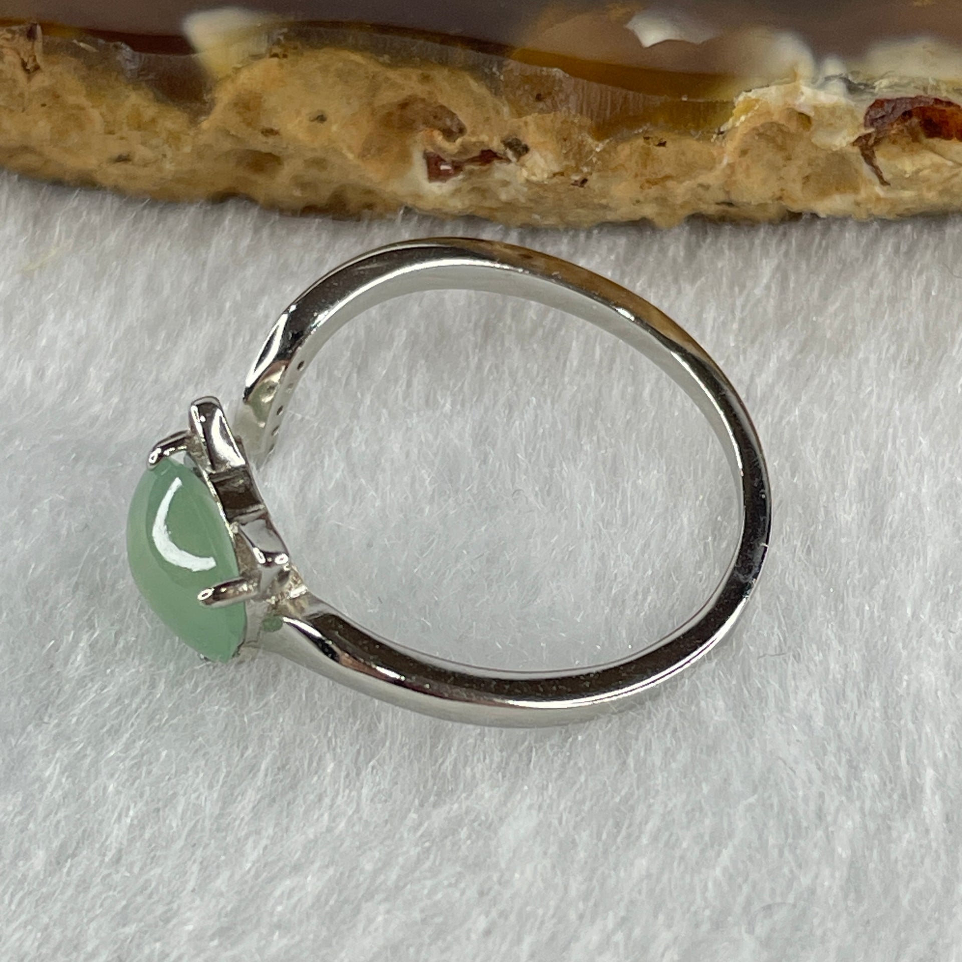 Natural Type A Semi Icy Blueish Green Jadeite Oval Shape Cabouchon in S925 Silver Cat Ring (Adjustable Size) 1.76g 6.3 by 8.0 by 3.5mm - Huangs Jadeite and Jewelry Pte Ltd