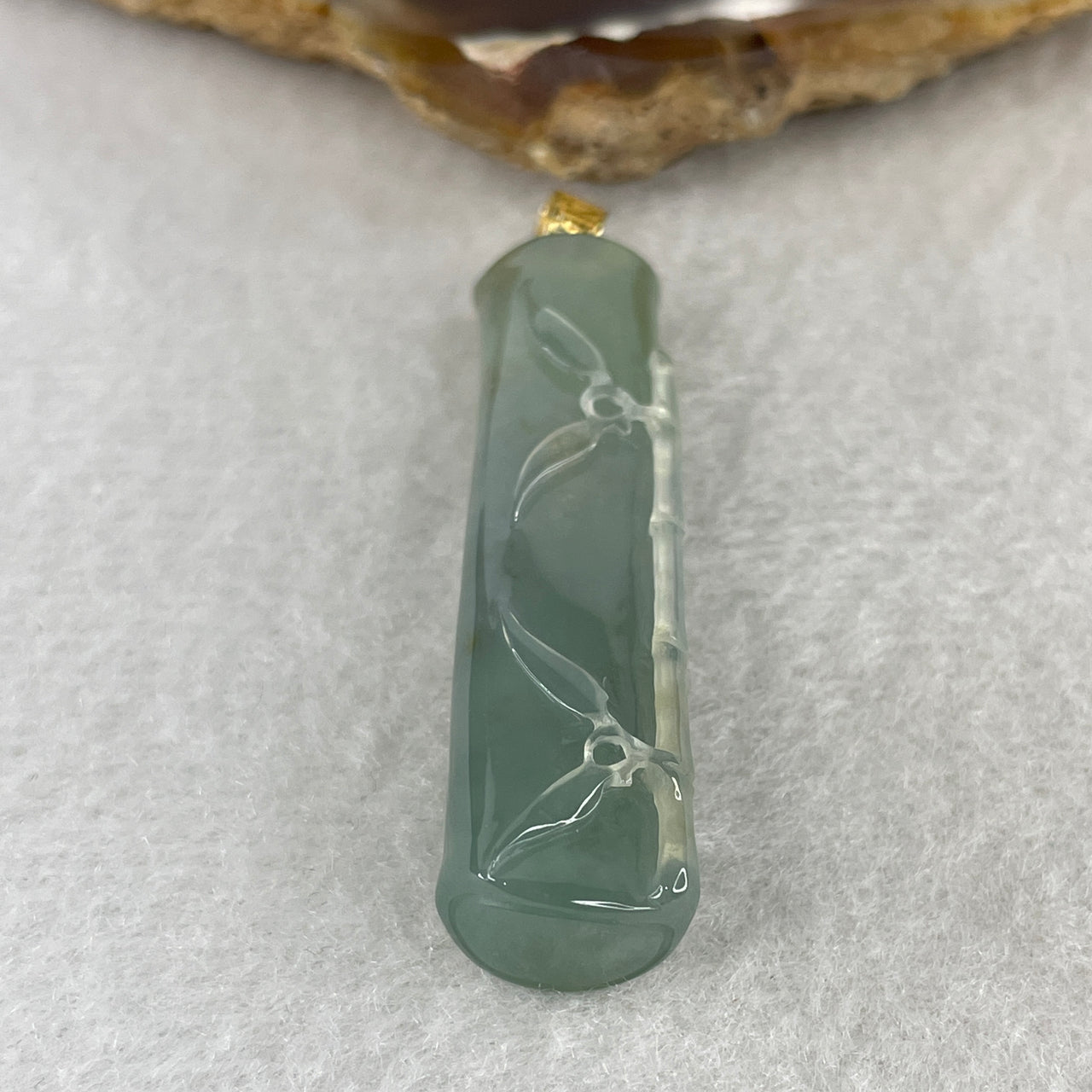 High-Grade Type A Icy Full Blueish Green Jadeite Bamboo Pendant | Solid 18K 750 Yellow Gold Clasp Luxury Pillar of Success Amulet (10.10g 44.8x11.3x9.3mm)