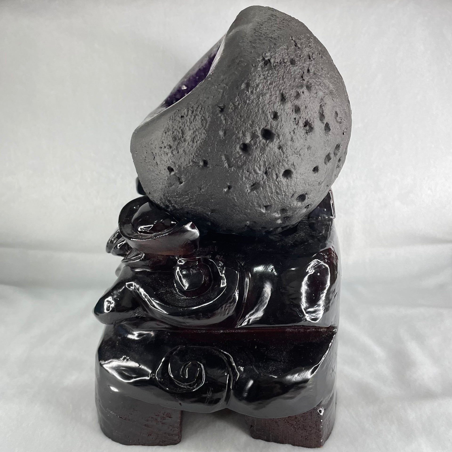 Natural Deep Intense Purple Amethyst Cave with Wooden Stand 5,981.0g 225.0 by 160.0 by 260.0mm - Huangs Jadeite and Jewelry Pte Ltd