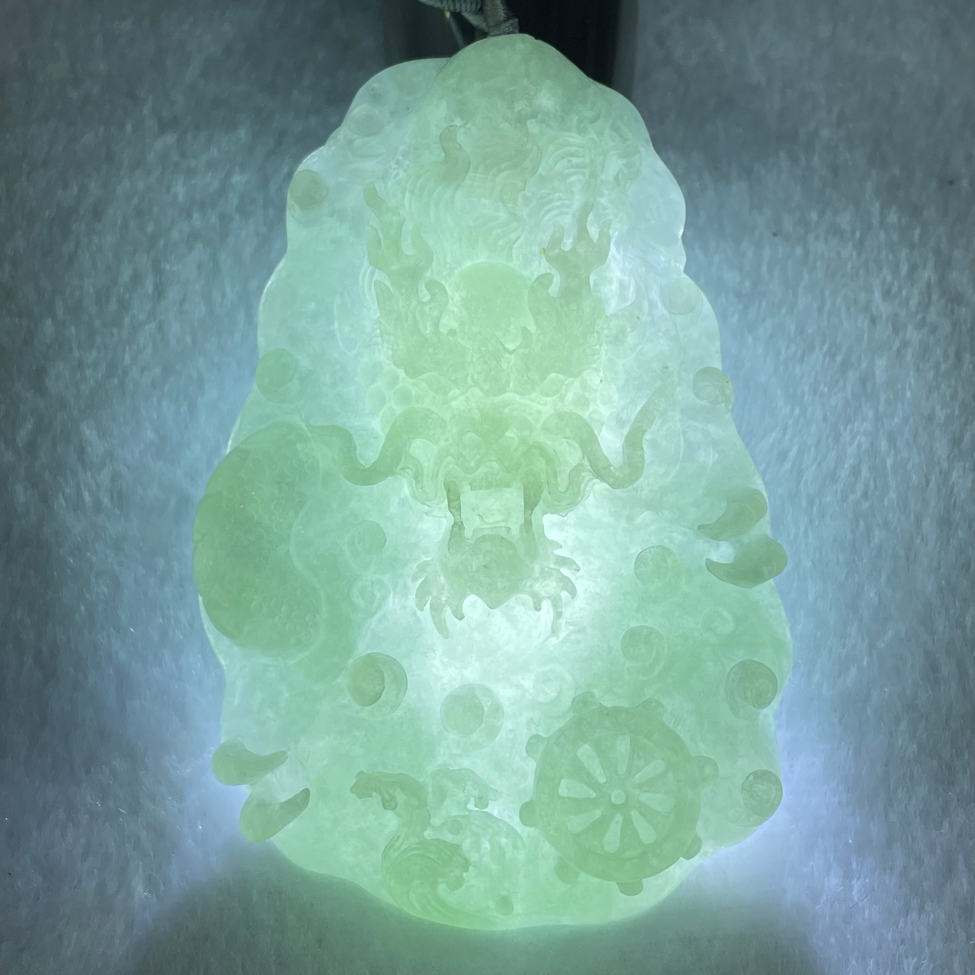 Type A Light Blueish Green (Sky Blue) Jadeite Double Sided Water Dragon Pendant 85.98g 79.4 by 51.9 by 13.7mm - Huangs Jadeite and Jewelry Pte Ltd