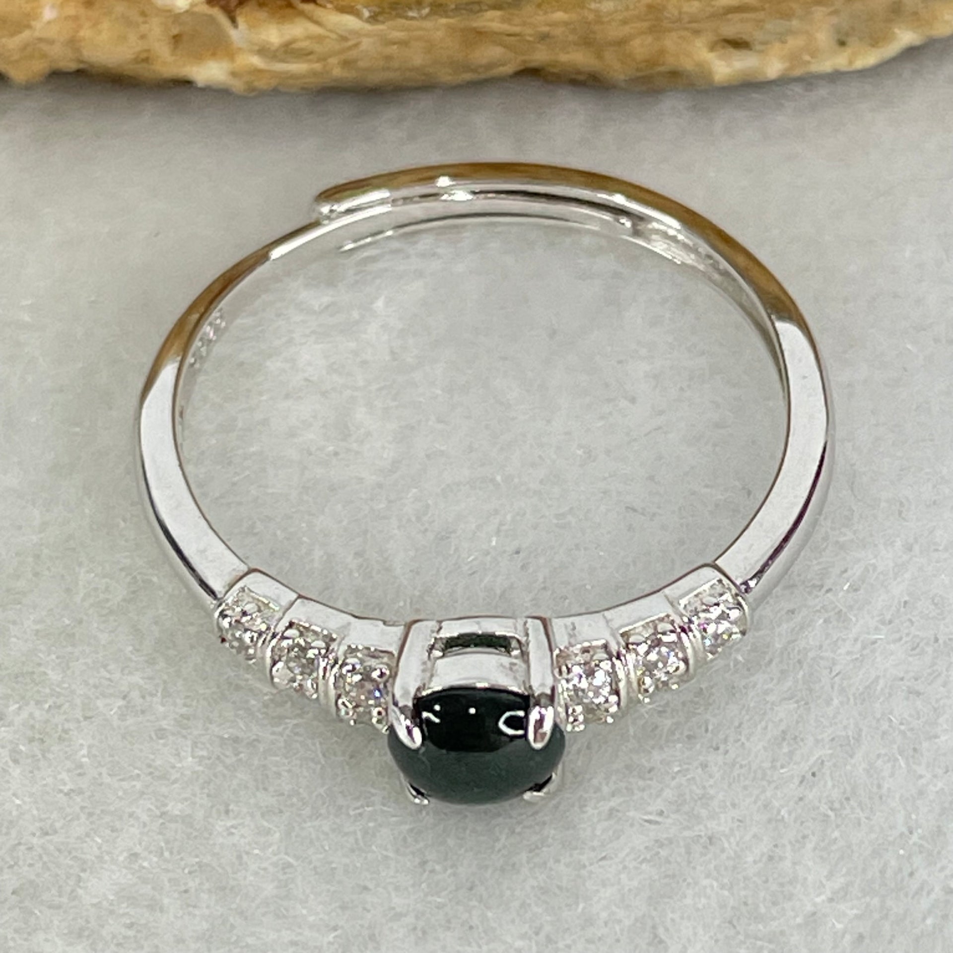 Type A Dark Green Cabochon Jadeite in S925 Sliver Ring (Adjustable Size) 1.22g 4.3 by 2.0mm - Huangs Jadeite and Jewelry Pte Ltd