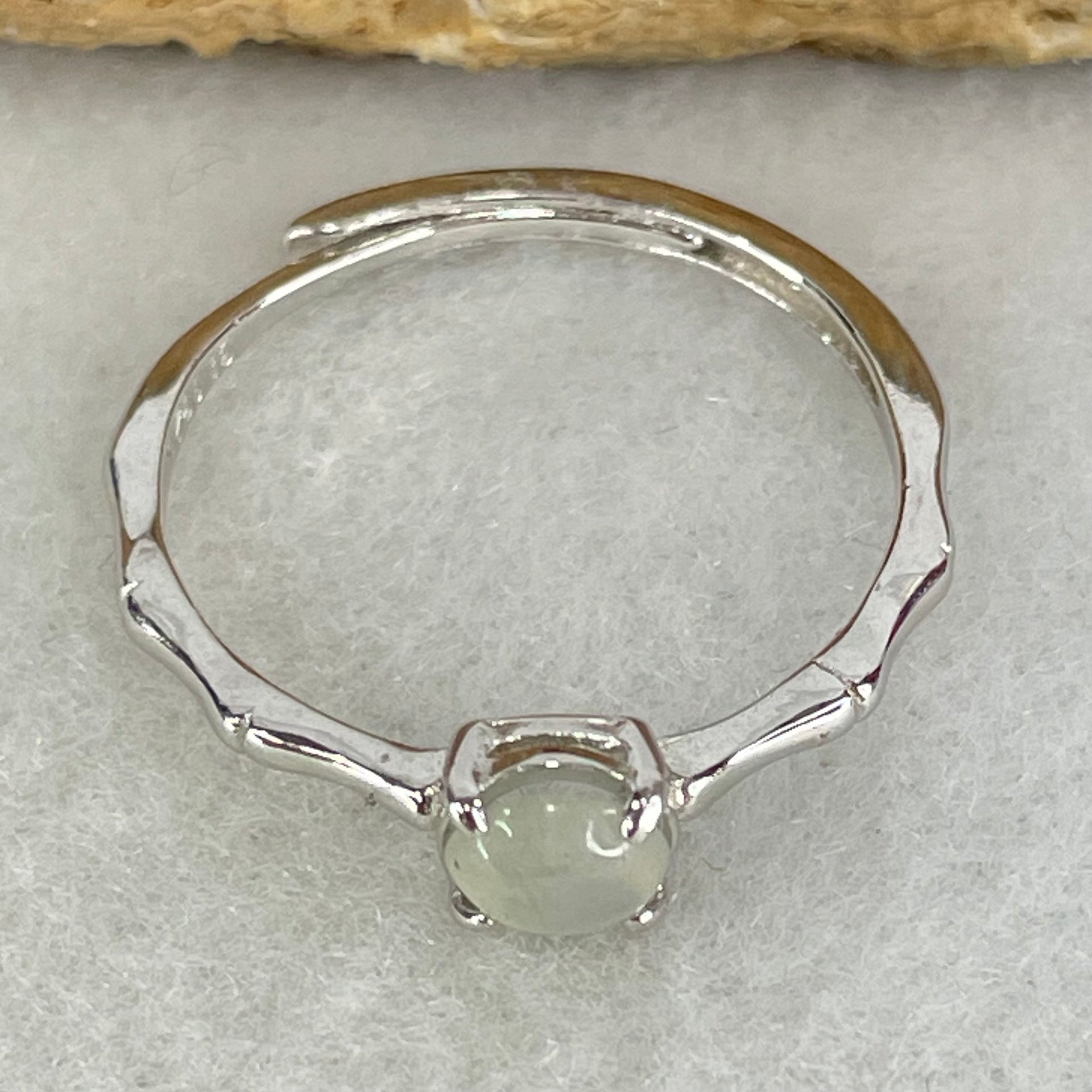 Type A Icy Faint Green Cabochon Jadeite in S925 Sliver Ring (Adjustable Size) 1.09g 5.0 by 2.0mm - Huangs Jadeite and Jewelry Pte Ltd