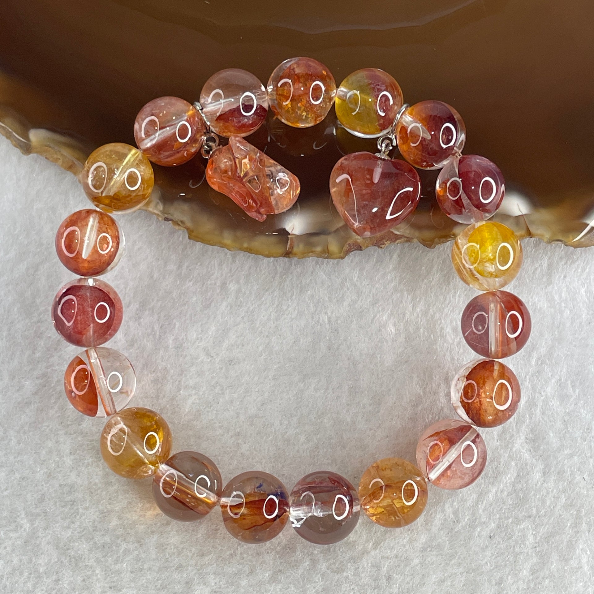 Good Grade Natural Red with Orange Ferruginous Quartz Beads with Heart Shape and Rabbit Charm Bracelet 31.41g 15.5cm 10.2mm 19 Beads - Huangs Jadeite and Jewelry Pte Ltd