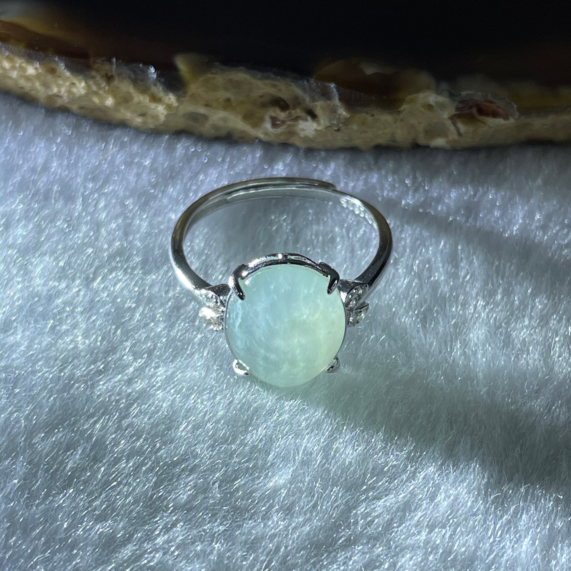Natural Type A Semi Icy Faint Green Jadeite Oval Shape Cabouchon in S925 Silver Ring (Adjustable Size) 2.26g 11.3 by 9.1 by 5.0mm - Huangs Jadeite and Jewelry Pte Ltd