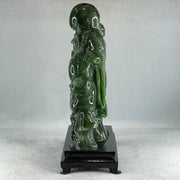 Natural Dark Green Serpentine Shou Xing Gong and Tong Zi and Longevity Peach with Wooden Stand Display 3,091.3g 193.0 by 95.0 by 257.0mm - Huangs Jadeite and Jewelry Pte Ltd