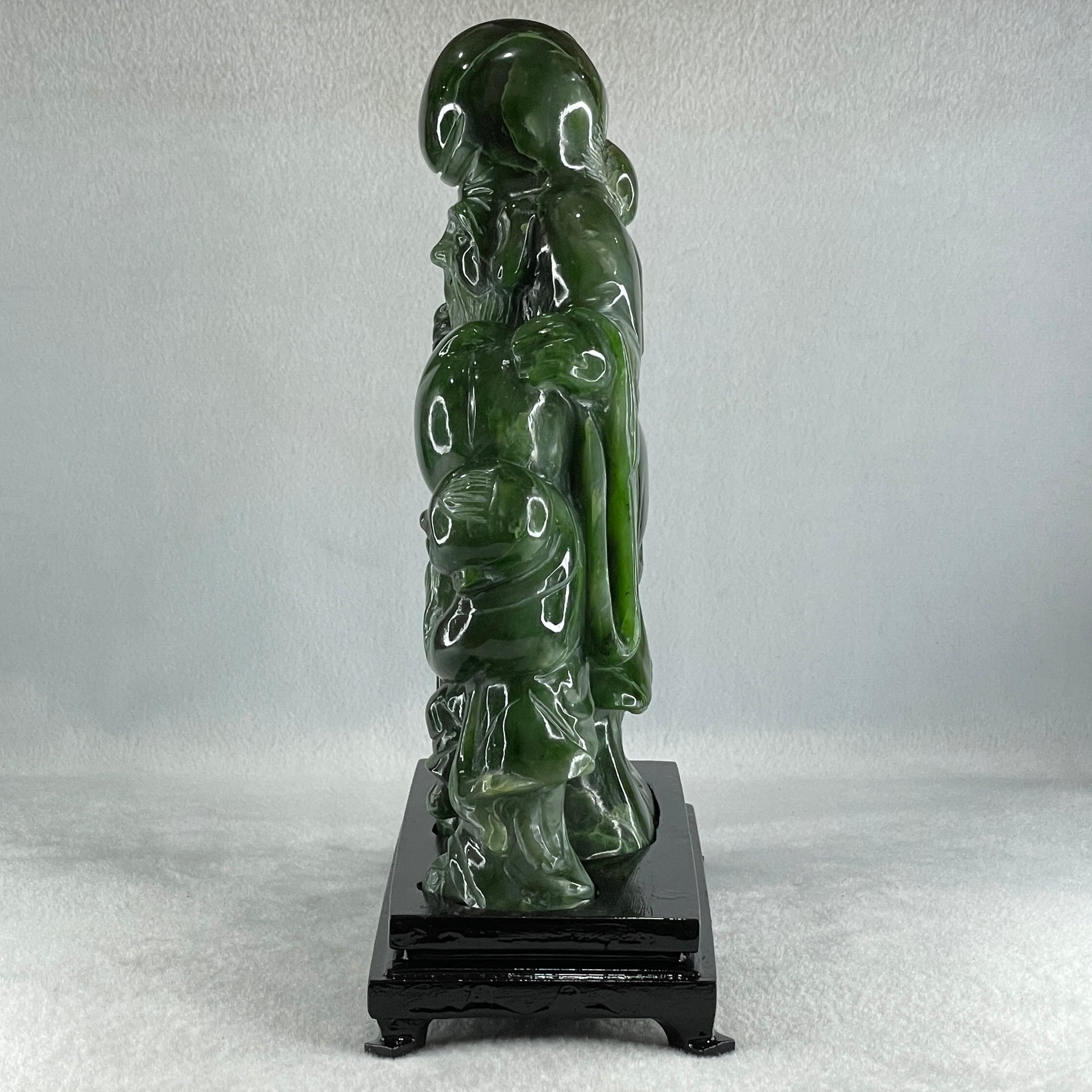Natural Dark Green Serpentine Shou Xing Gong and Tong Zi and Longevity Peach with Wooden Stand Display 3,091.3g 193.0 by 95.0 by 257.0mm - Huangs Jadeite and Jewelry Pte Ltd