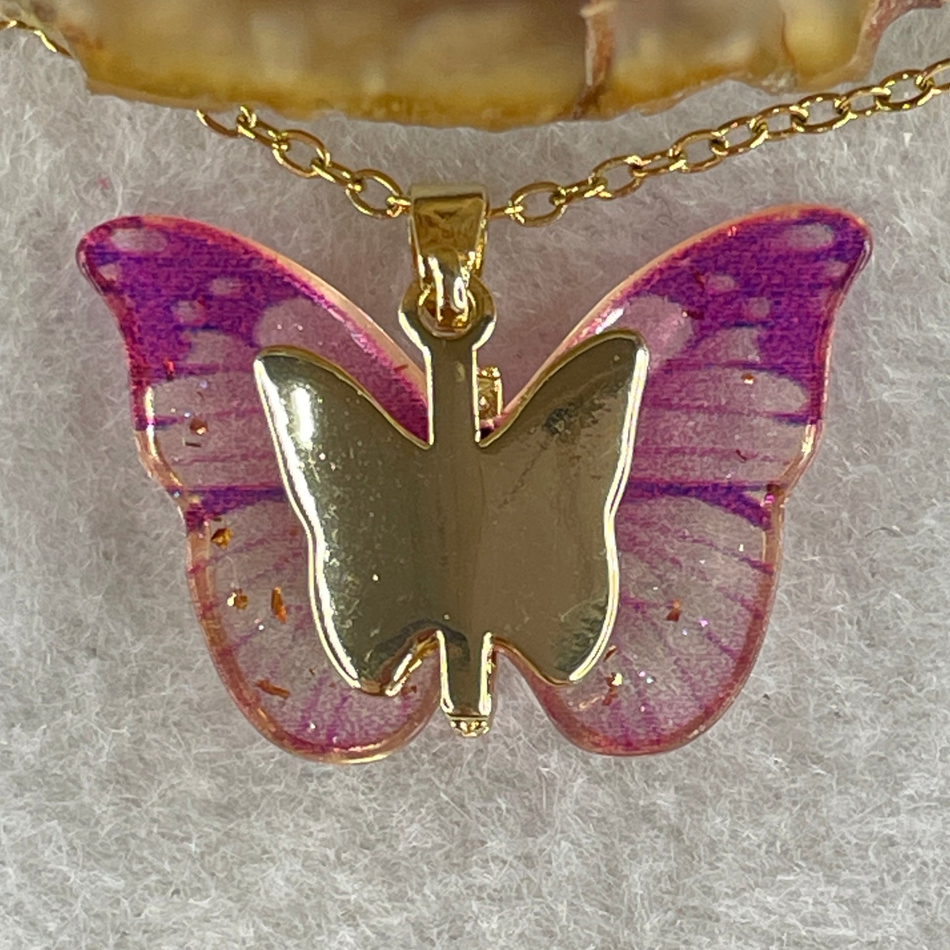 Man Made Pink Butterfly Pendant with Gold Color Necklace 3.39g 25.4 by 17.6 by 4.2mm - Huangs Jadeite and Jewelry Pte Ltd