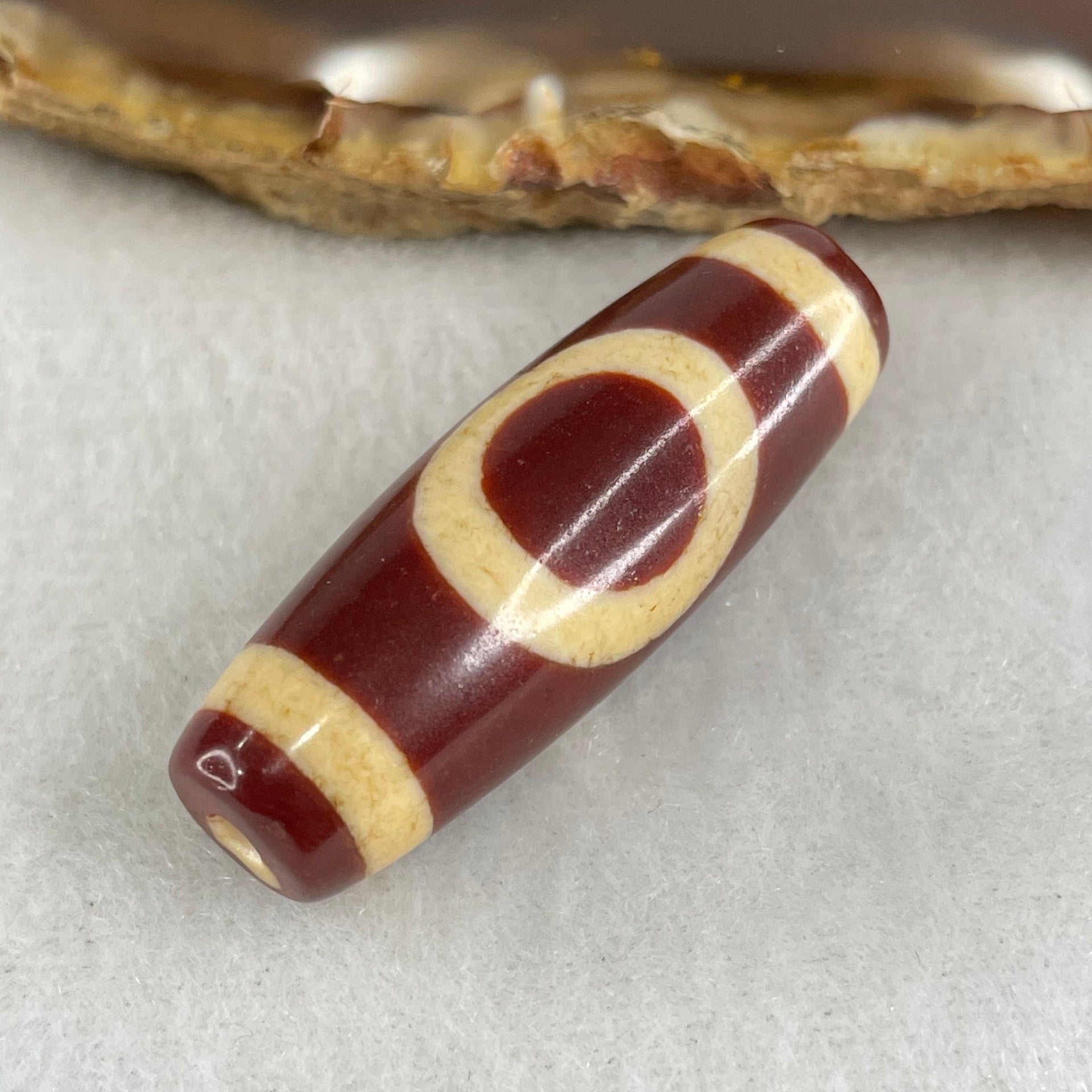 Natural Powerful Tibetan Old Oily Red White Agate One Eye Gold Metal Element Dzi Bead Heavenly Master (Tian Zhu) 一眼金天珠 10.23g 37.9 by 13.3mm - Huangs Jadeite and Jewelry Pte Ltd