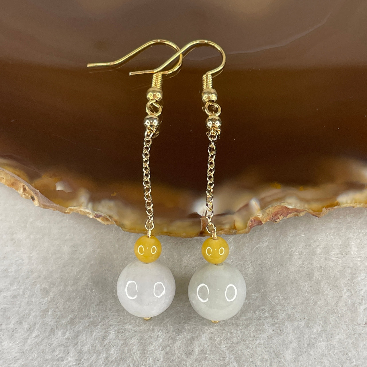 Natural Type A Near White Faint Green Jadeite Earrings | 10.4mm Round Jade Bead Gold Color Dangling Drop Earrings (4.89g)