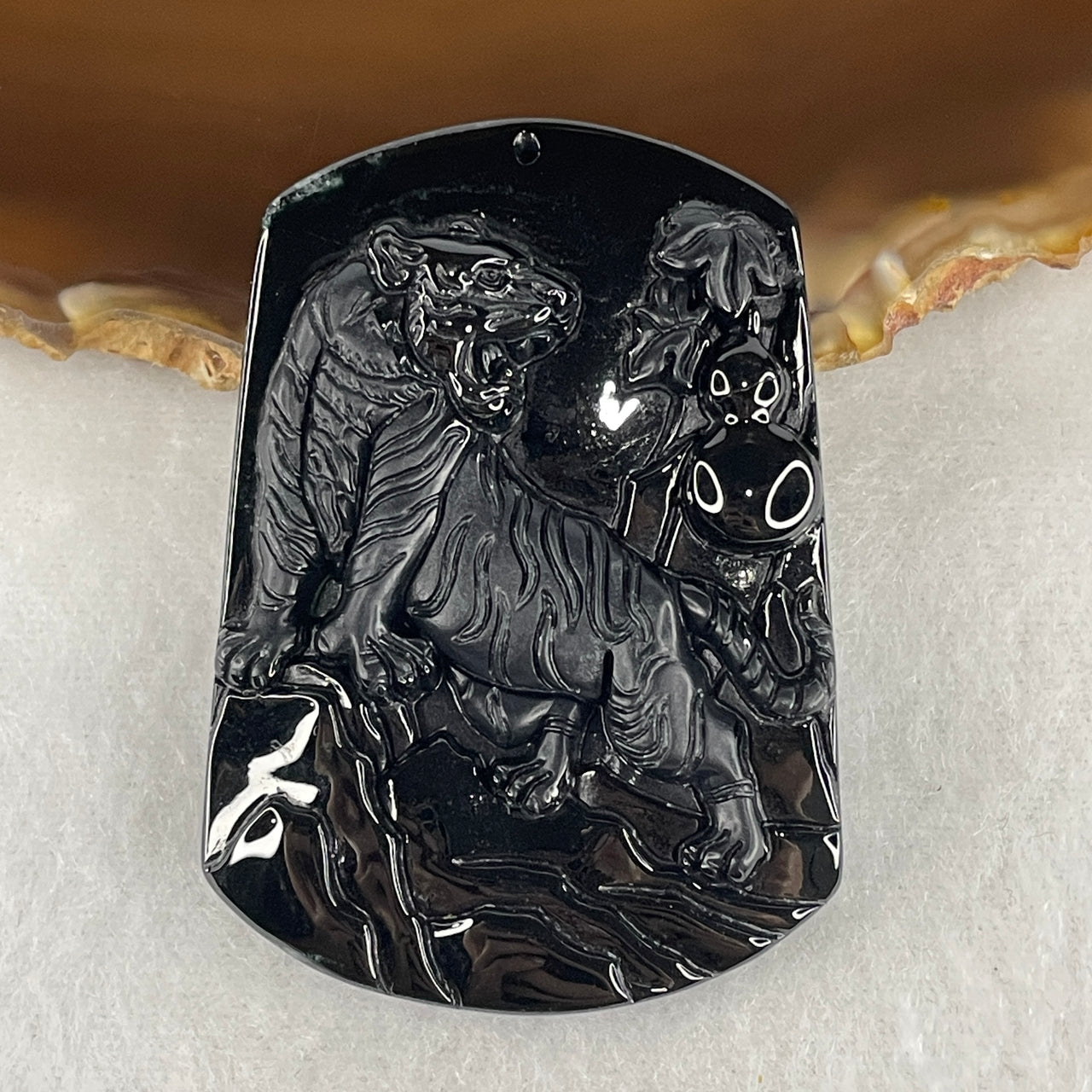 Certified Type A Opaque Black Omphacite Jadeite Up-Mountain Tiger with Hulu Pendant | Ascending Power, Health & Protection Talisman (25.62g | 53.6 x 38.0 x 9.2mm)