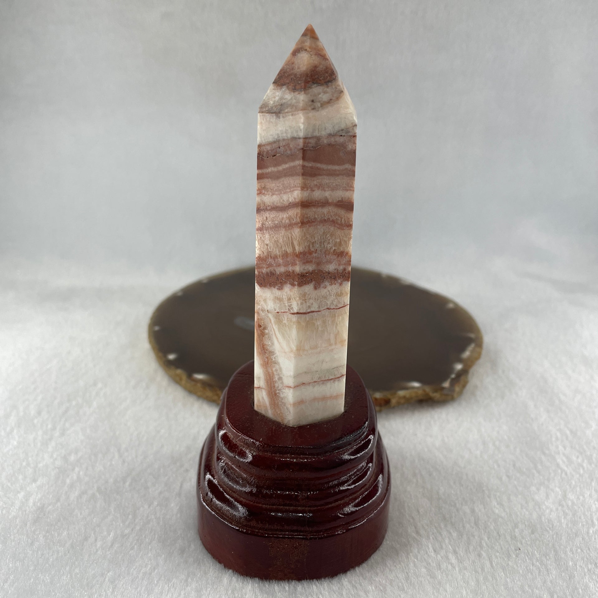 Natural Pink Calcite Tower with Wooden Stand Display 224.79g 73.0 by 62.0 by 147.5mm - Huangs Jadeite and Jewelry Pte Ltd