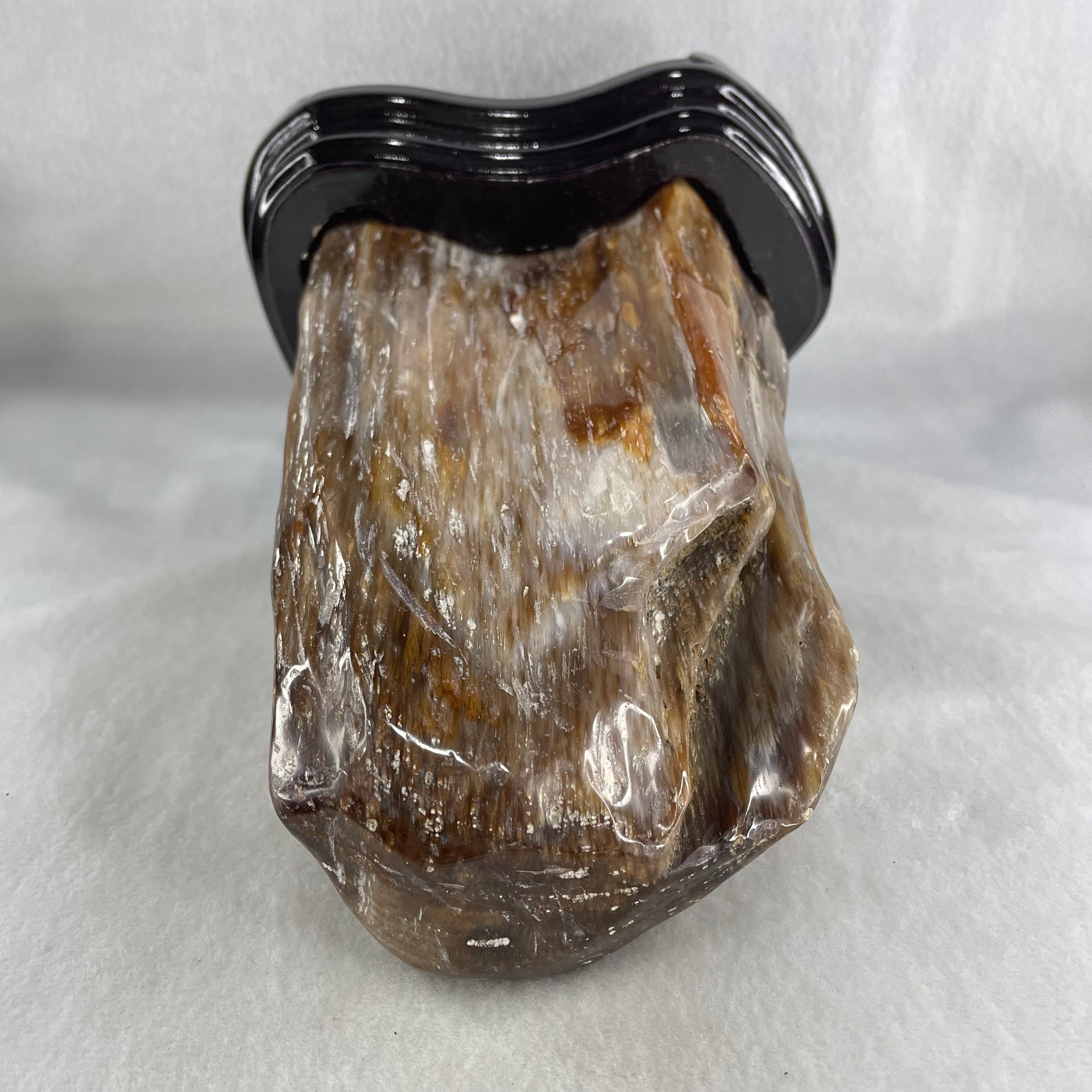 Natural Fossilised Petrified Wood Tower with Wooden Stand Display 1722.7g 185.0 by 146.2 by 110.0mm - Huangs Jadeite and Jewelry Pte Ltd
