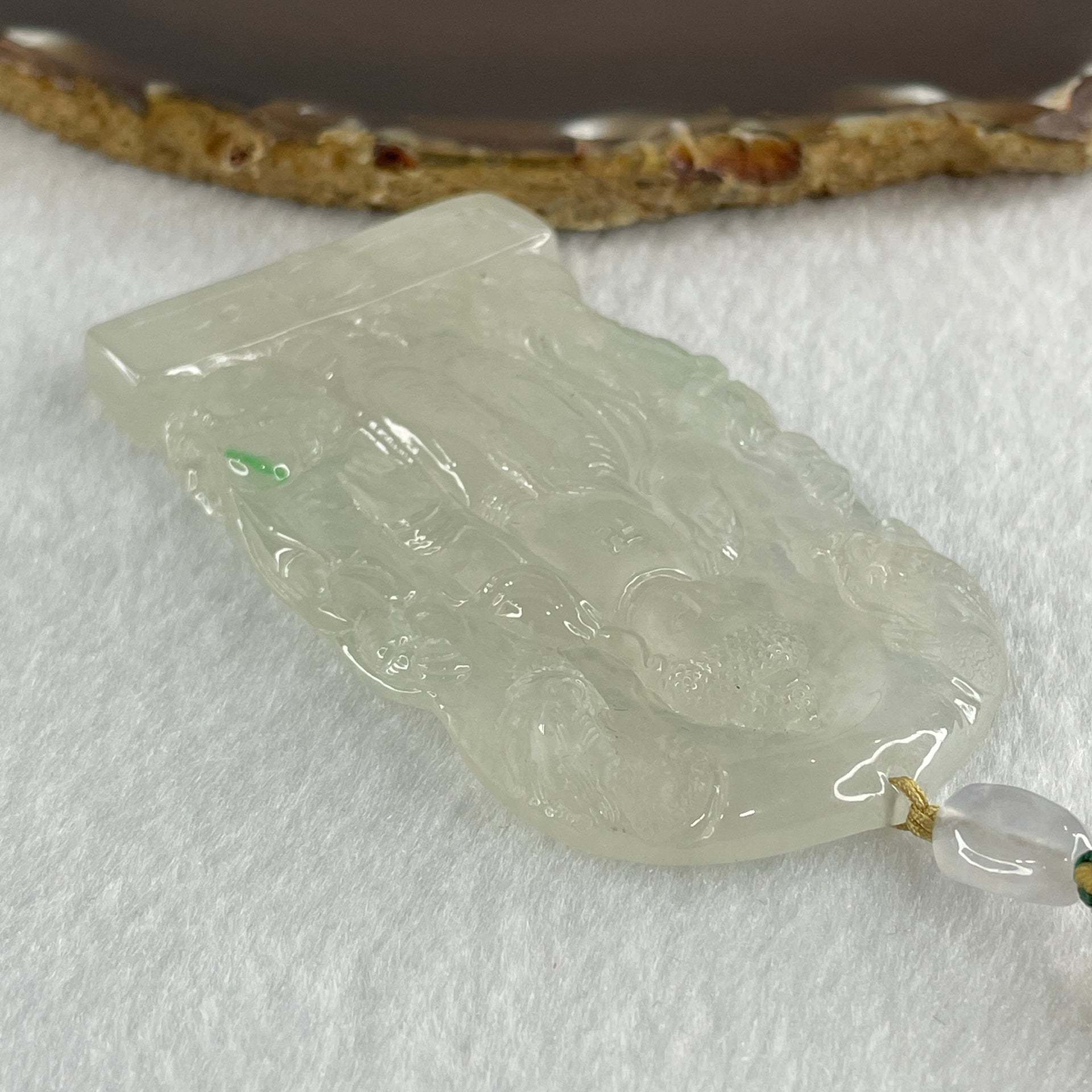 Rare Type A Icy White to Colorless with Green Spot Jadeite Amitabha Buddha with Buddha Double Side and Double Dragon and Elephants Pendant 68.88g 80.5 by 46.3 by 7.9mm - Huangs Jadeite and Jewelry Pte Ltd