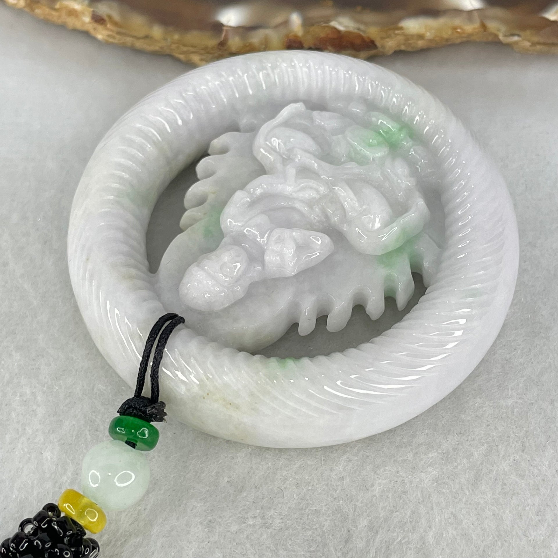 Type A Light Lavender Green Jadeite Buddha Ping An Kou Donut Pendant 74.33g 56.4 by 13.6mm - Huangs Jadeite and Jewelry Pte Ltd