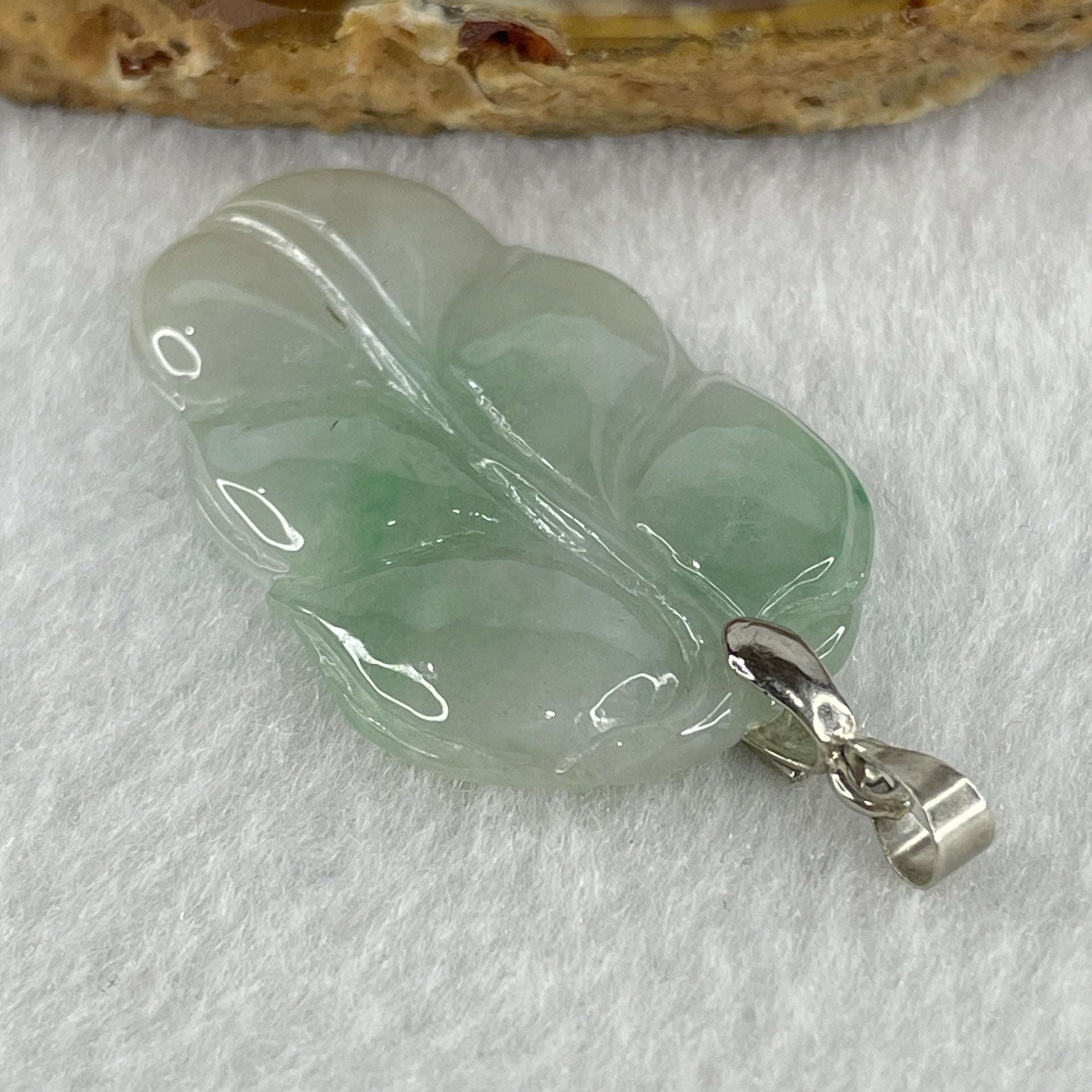 Natural Type A Semi Icy Faint Lavender Light Green Jadeite Prosperity Leaf Pendant in Silver Clasp Signifying Overnight Success 5.93g 39.4 by 23.6 by 3.7mm - Huangs Jadeite and Jewelry Pte Ltd