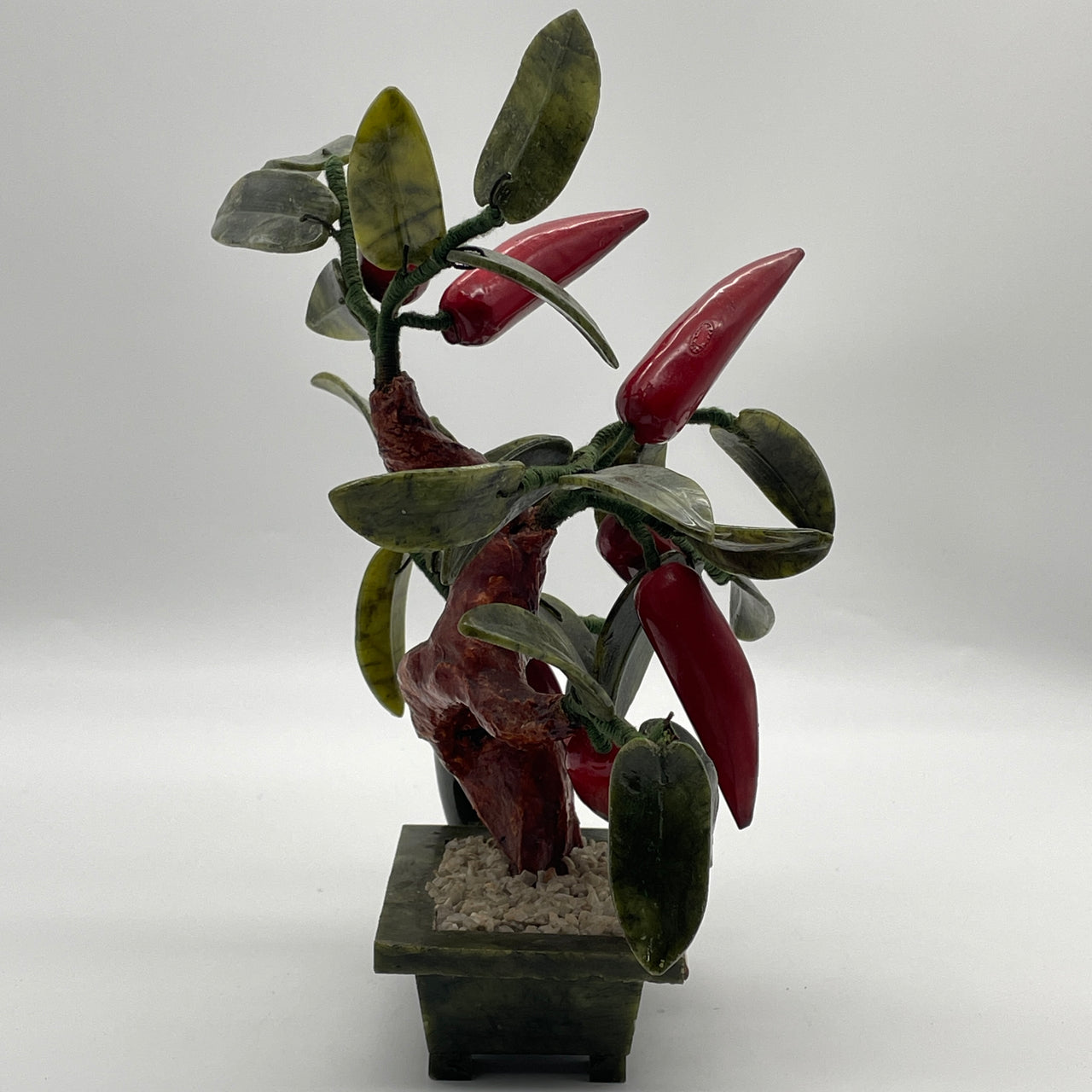 Natural Dark Green with Red Serpentine Chili Tree with Rocks in Pot Display 836.6g 230.0 by 160.0 by 245.0mm