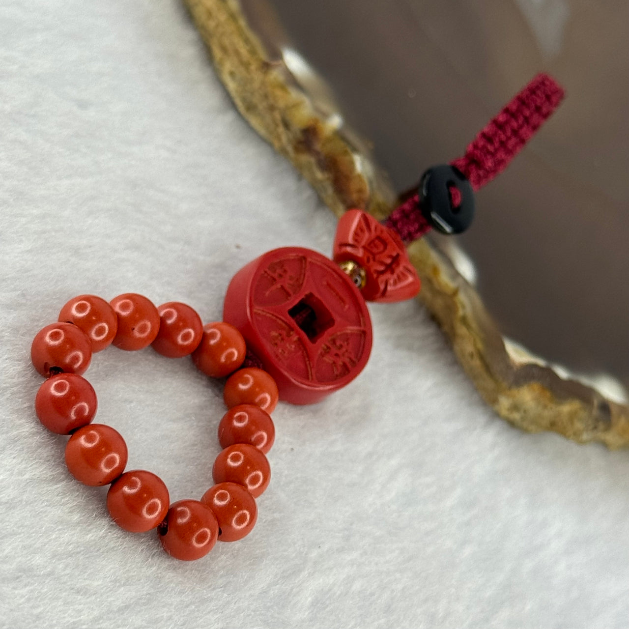 Natural Red Cinnabar Bead with Gold Coin and Ingot Charm 11.40g 17.9 by 6.3mm 6.3mm 13 Beads - Huangs Jadeite and Jewelry Pte Ltd