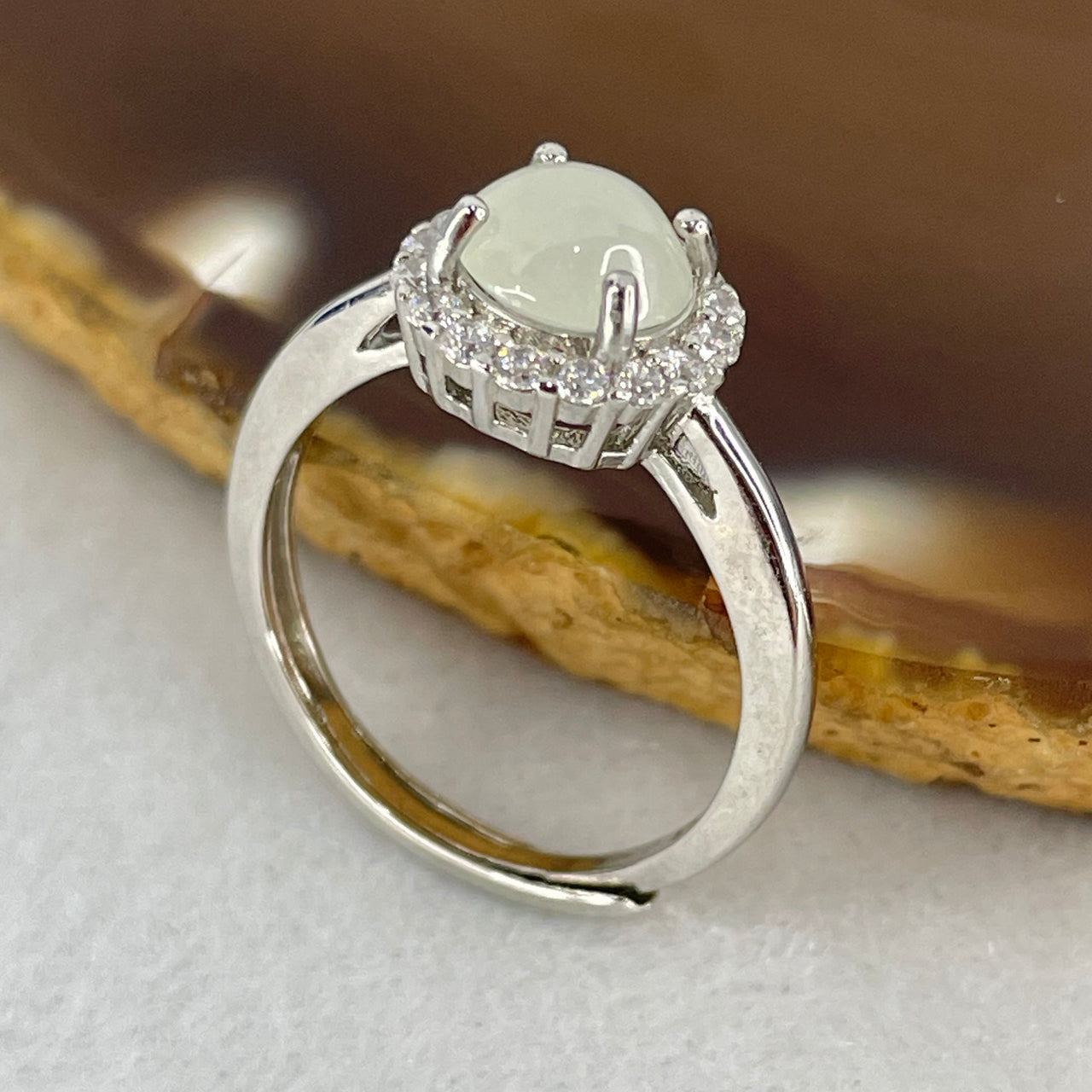 Type A Semi Icy Faint Green Jadeite Cabochon in S925 Sliver Ring (Adjustable Size) 2.04g 6.5 by 4.0mm - Huangs Jadeite and Jewelry Pte Ltd