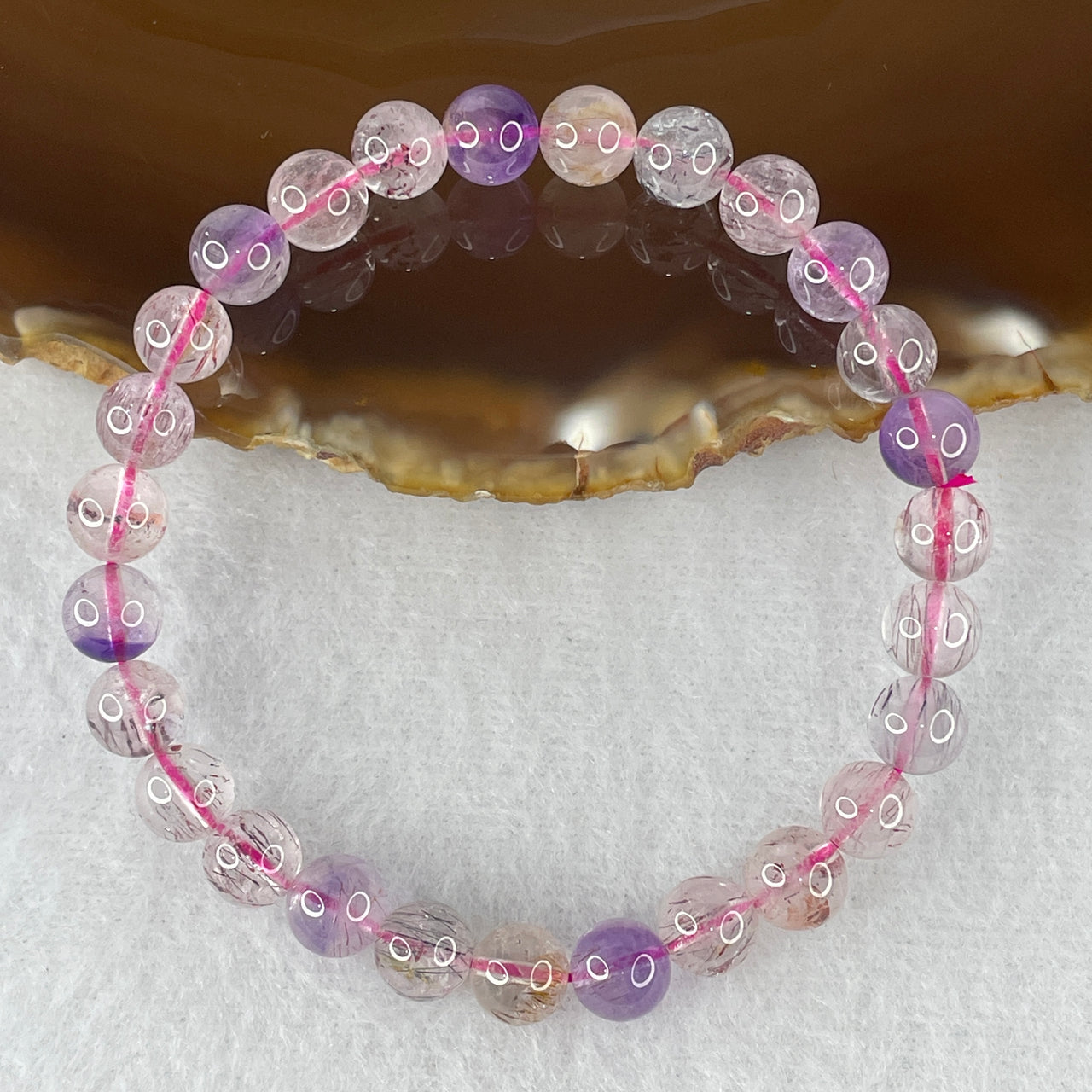 Certified Above-Average Grade Natural Super 7 Crystal Beads Bracelet | Fluid High-Clarity Petite Strand | Authentic Sacred Seven Multi-Mineral Inclusions Quartz Spiritual Catalyst & Auric Shield Bracelet (13.67g | 16cm Length | 7.3mm | 27 Beads)
