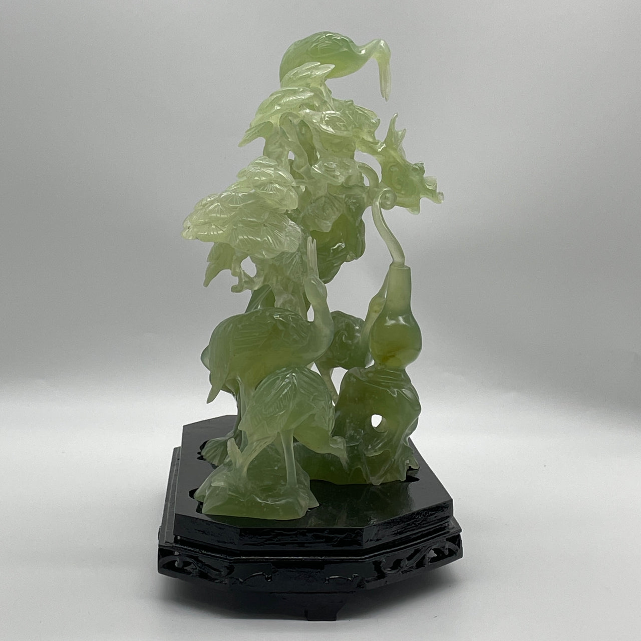 Natural Semi Icy Green Serpentine 5 Crane with Twin Bats and Hulu on Tree with Wooden Stand Display 2,155.6g 275.0 by 155.0 by 280.0mm
