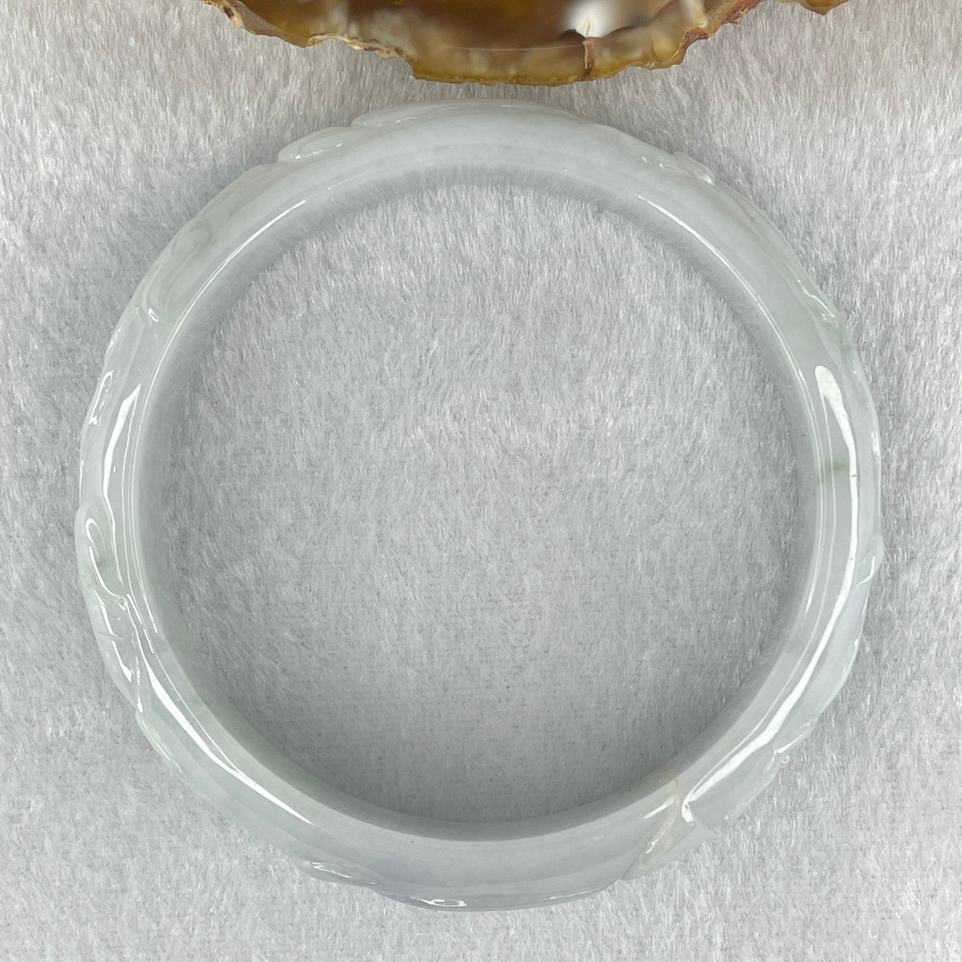 Type A Faint Blueish Green with Faint Lavender Patches Jadeite Flower and Leaf Bangle 43.09g Internal Diameter 58.12mm 13.4 by 7.4mm (External Lines) - Huangs Jadeite and Jewelry Pte Ltd