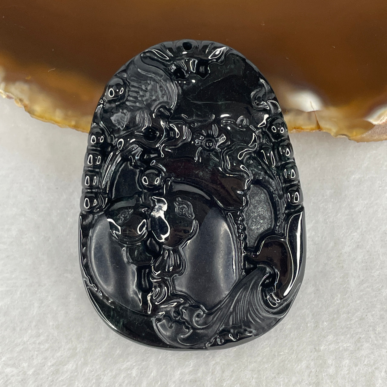 Wealth, Abundance and Good Luck - Certified Natural Type A Black Omphacite Jadeite Twins Fish with Crane and Lotus Leaf Pendant 23.74g 51.9 by 38.2 by 8.4mm