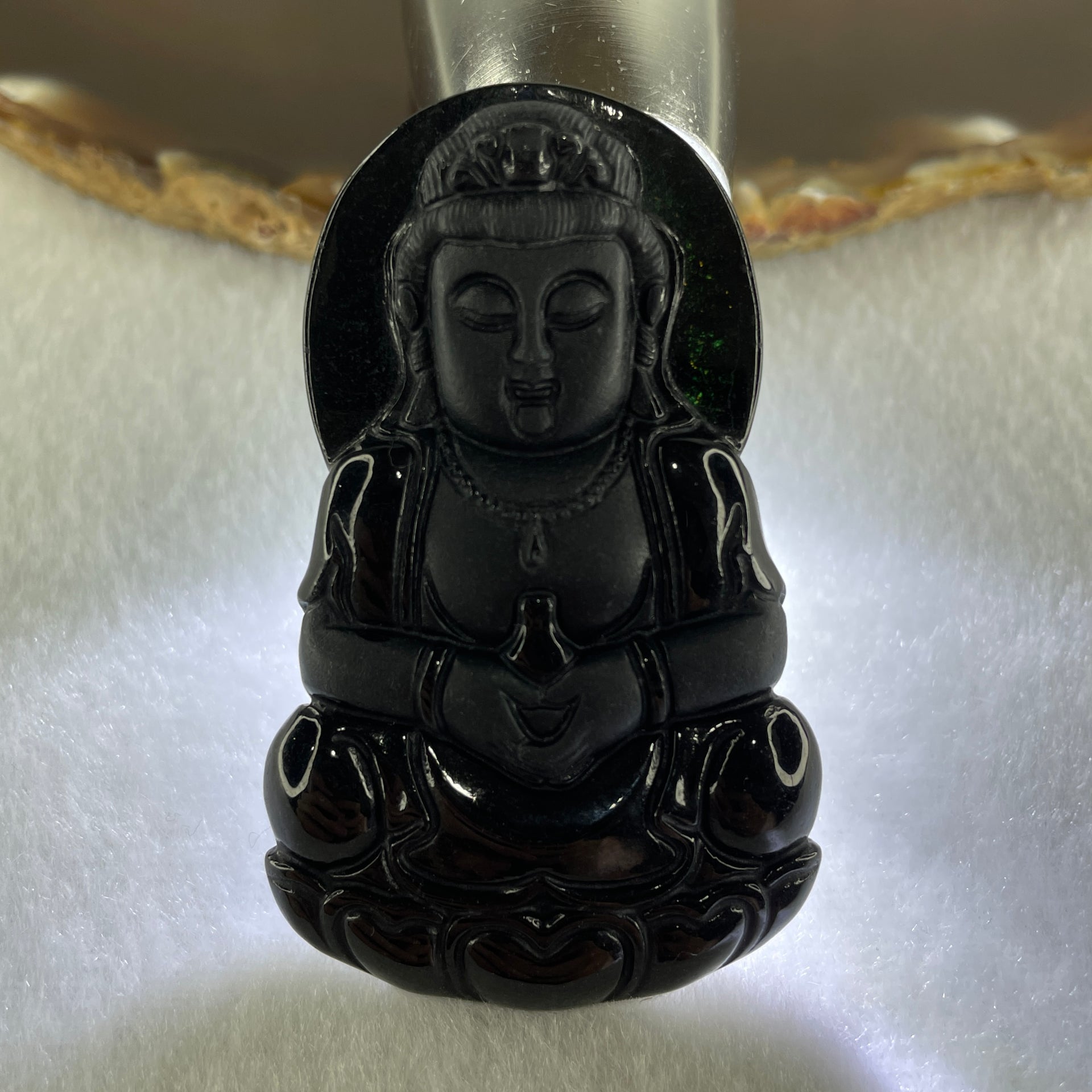 Type A Opaque to Partial Translucent Black Omphacite Jadeite Guan Yin on Dragon Pendant 36.54g 66.7 by 43.5 by 8.0mm - Huangs Jadeite and Jewelry Pte Ltd