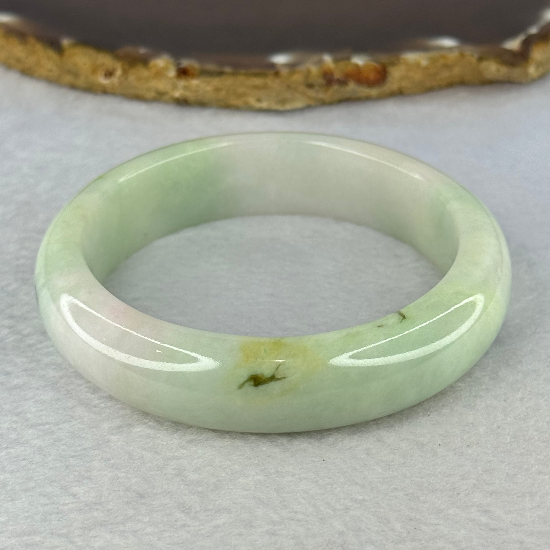 Type A Light Green Lavender Yellow with Moss Green Patches Jadeite Bangle Internal Diameter 57.5mm 72.52g 15.2 by 8.7mm (Very Fine External Rough) - Huangs Jadeite and Jewelry Pte Ltd