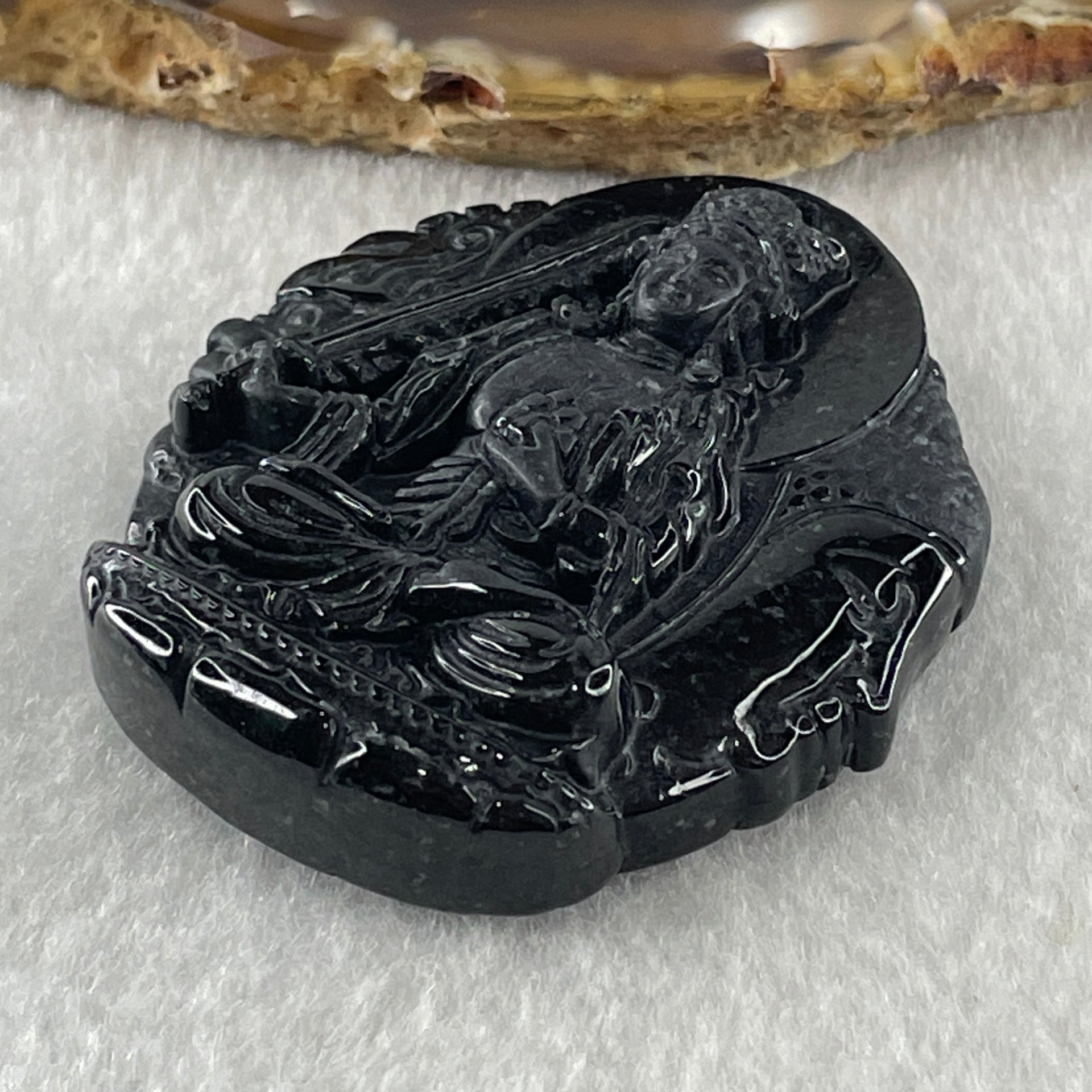 Type A Opaque Black Omphacite Jadeite Good Vs Evil Akasagarbha Bodhissattva Pendant Ox and Tiger Zodiac Guardian 45.77g 50.8 by 43.8 by 13.1mm - Huangs Jadeite and Jewelry Pte Ltd