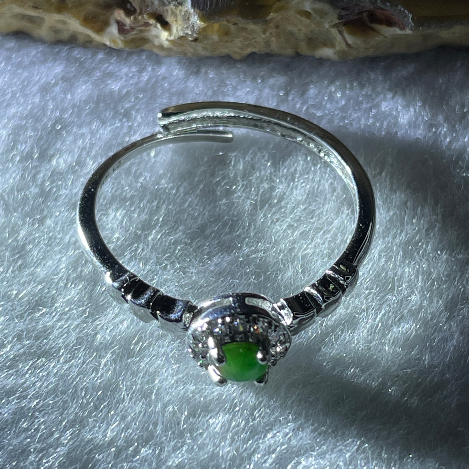 Type A Bright Green Jadeite Ring in S925 Sliver with Cubic Zirconia 1.30g 3.5 by 2.0mm (Adjustable Size) - Huangs Jadeite and Jewelry Pte Ltd