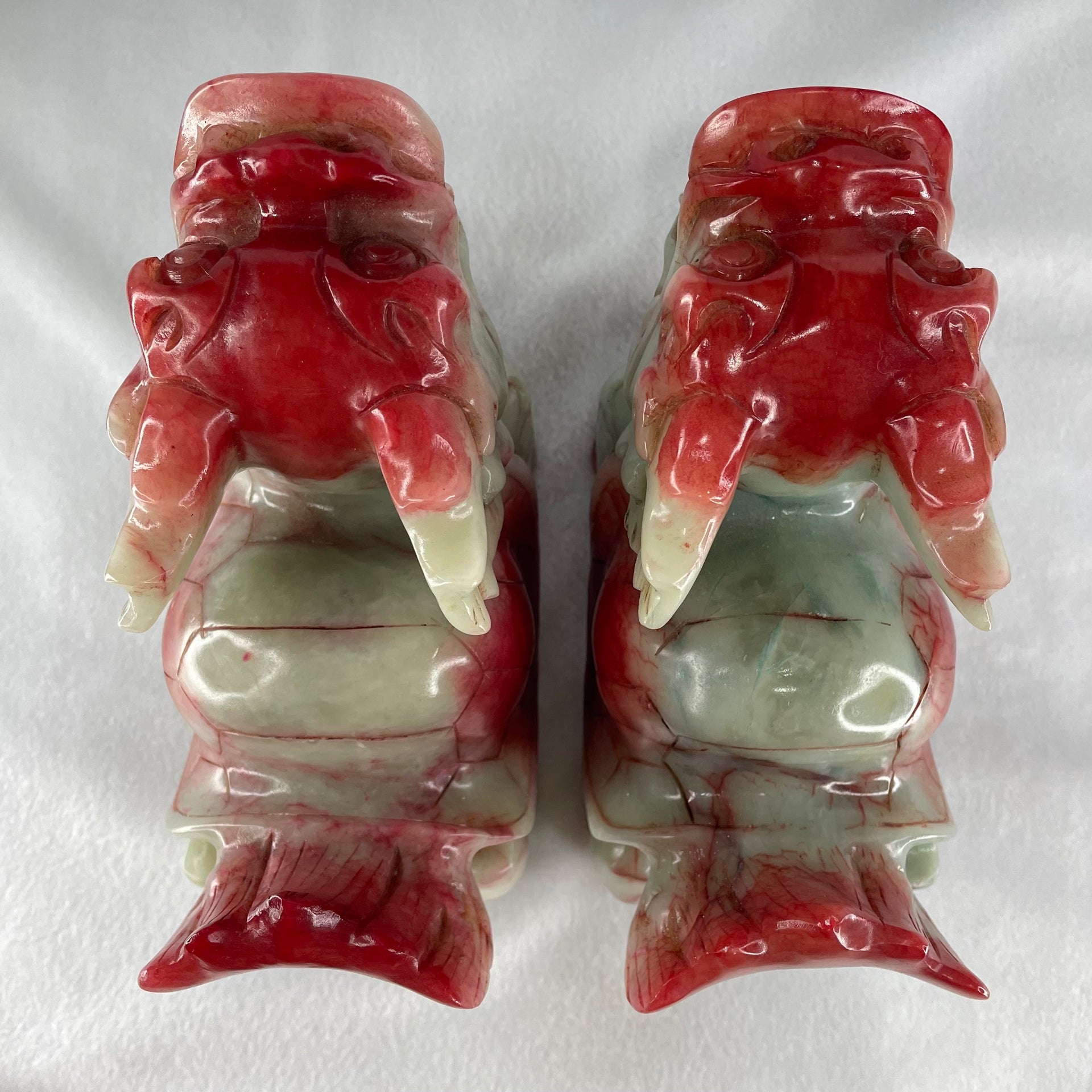 Antique Natural Red Green Marble Long Gui Dragon Turtle Pair Total Weight 2,753.5g each about 155.0 by 70.0 by 11.0mm (Slight Chips) - Huangs Jadeite and Jewelry Pte Ltd