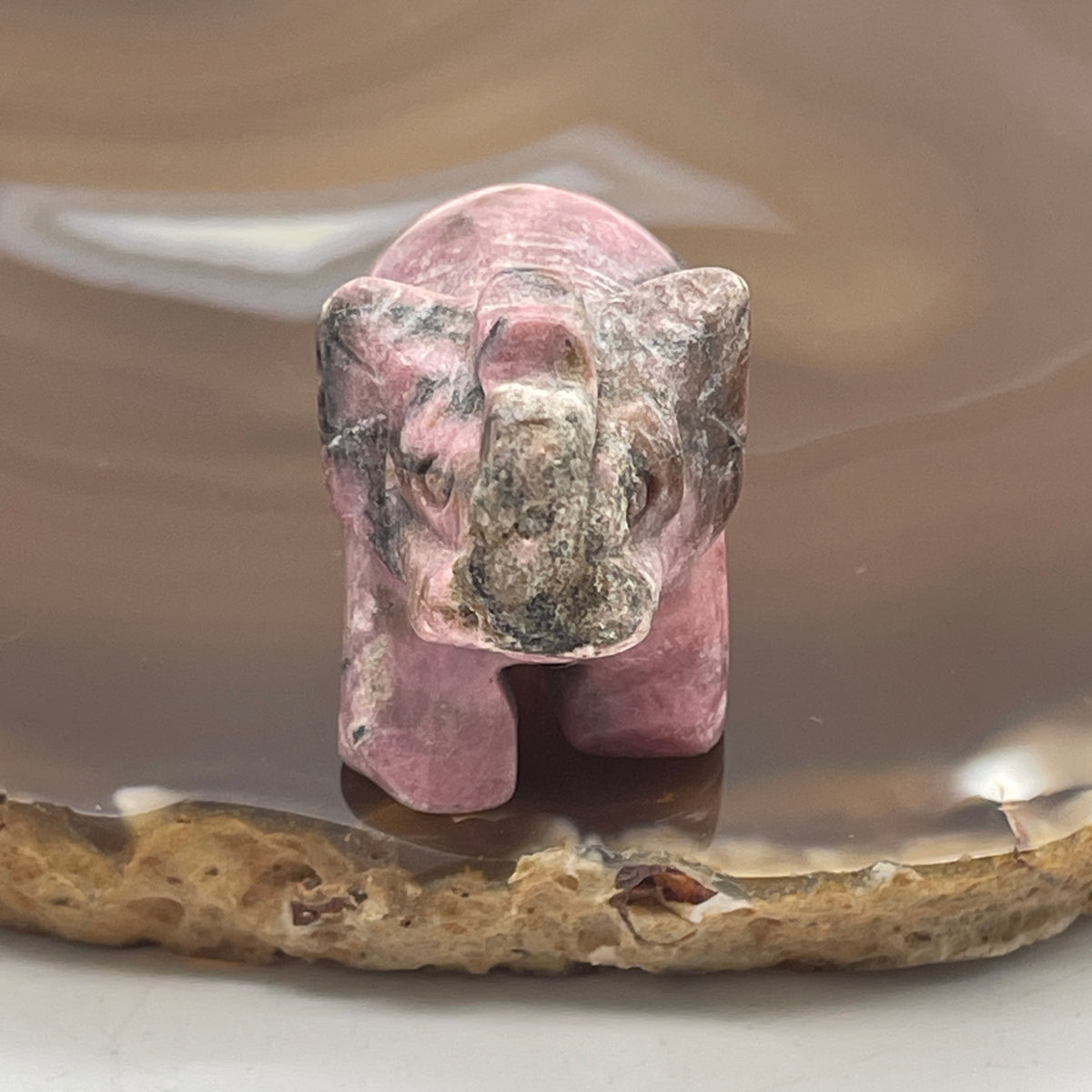 Natural Pink Rhodonite Elephant Mini Display | (34.42g | 35.2 x 20.5 x 27.3mm Dimensions | Heart & Root Chakra Synergy, "Zhao Tao Hua" Love Magnet, Emotional Healing & Mindful Feng Shui Catalyst)