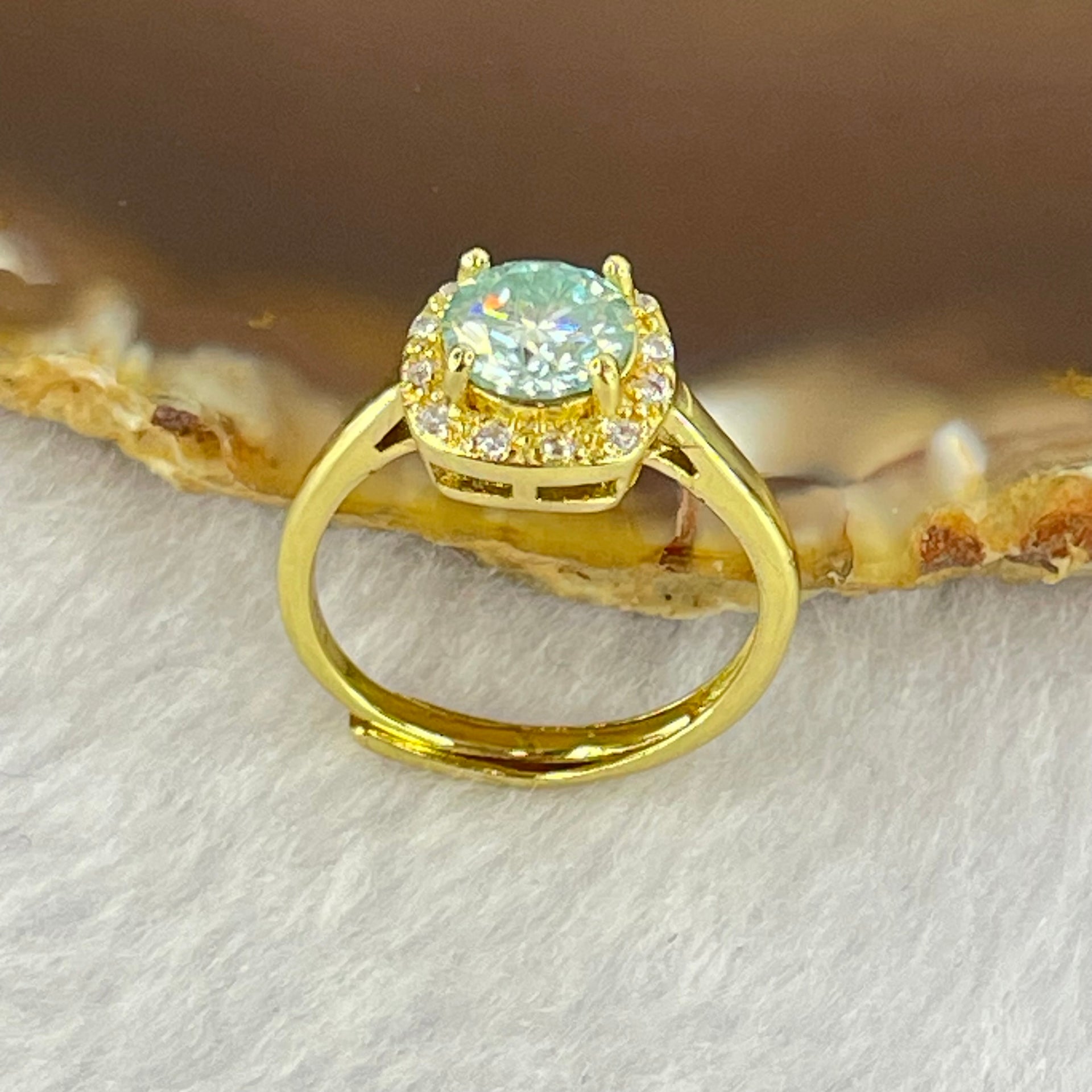 Green and Colourless Cubic Zirconia with Crystals in S925 Sliver Gold Color Ring (Adjustable Size) 1.91g 6.5 by 3.2mm - Huangs Jadeite and Jewelry Pte Ltd