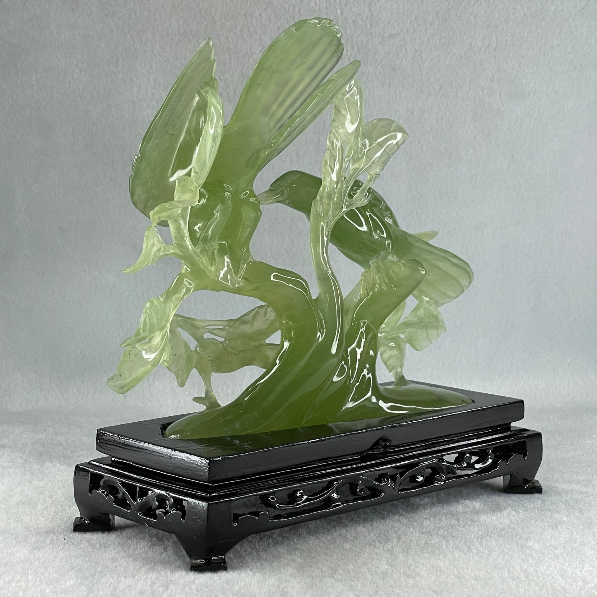 Natural Green Serpentine Double Magpies Birds on Tree with Wooden Stand Display 500.5g 195.0 by 80.0 by 170.0mm - Huangs Jadeite and Jewelry Pte Ltd