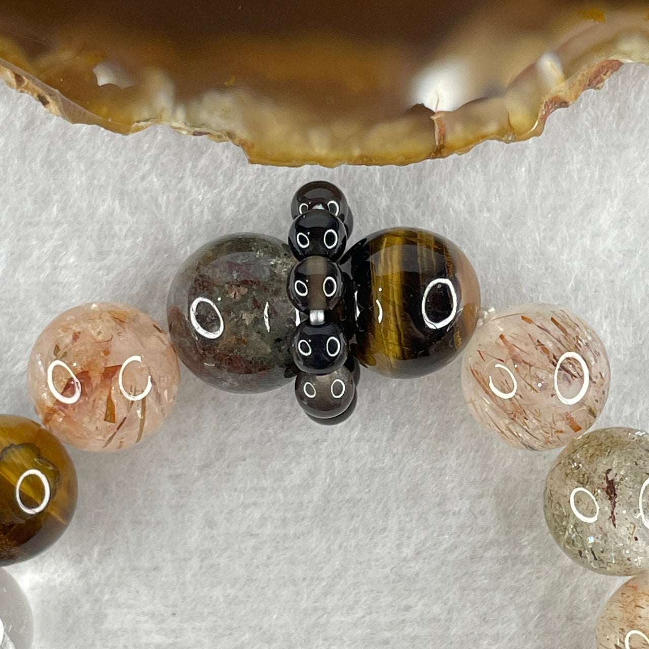 Natural Yellow Tiger's Eye with Strawberry Quartz Beads Bracelet 47.15g 16cm 12.4mm-16Beads 19.4 by 13.0mm-1Bead