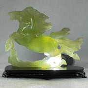 Natural Semi Icy Green Serpentine Double Horse with Wooden Stand Display 1119.9g 190.0 by 166.0 by 96.0mm - Huangs Jadeite and Jewelry Pte Ltd